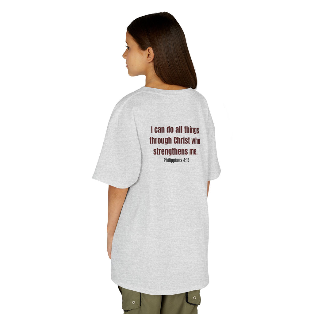 Kids Tee — "Strong" Muscle Graphic with Philippians 4:13 Back (Christian Inspirational)