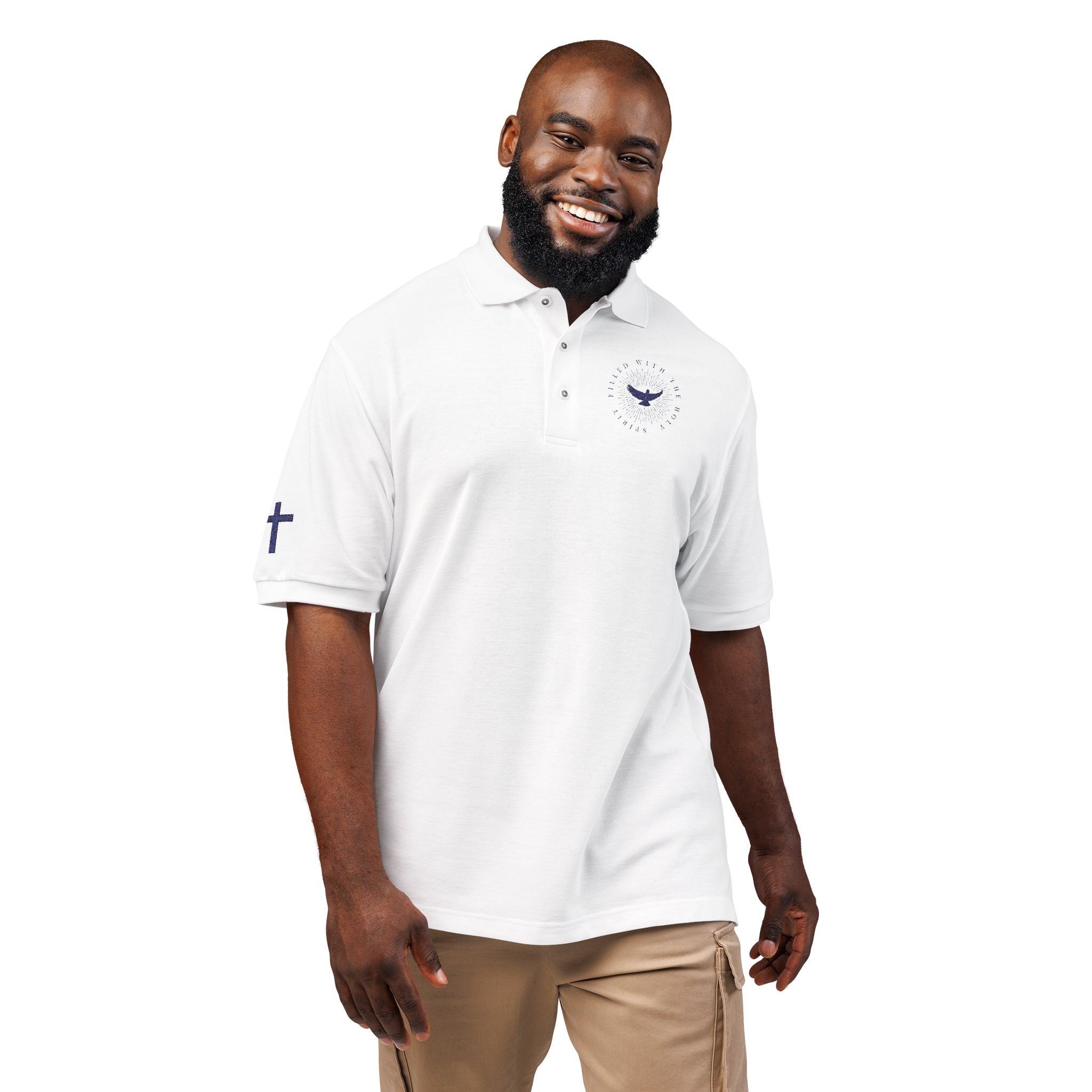 Embroidered Dove Polo Shirt – Classic Polo Reads "Filled with the Holy Spirit" with cross on sleeves