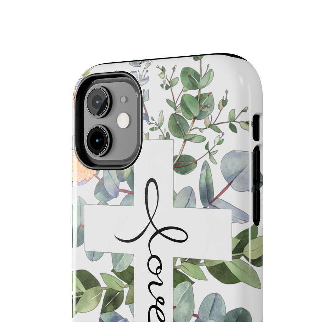 Religious Cross Tough Phone Case — Eucalyptus Floral "Love" Design