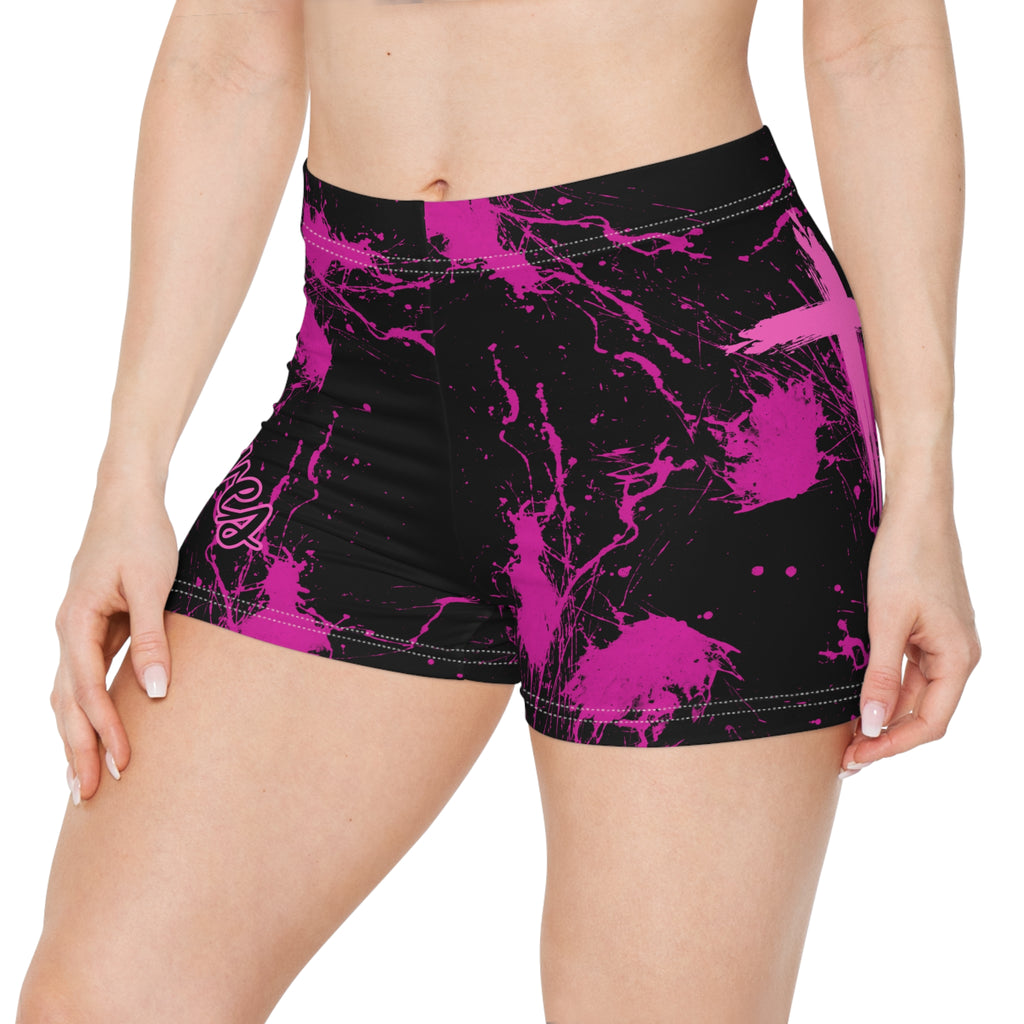 Women's Shorts — Pink Black Marble 'Jesus Saves' Graphic Active Shorts