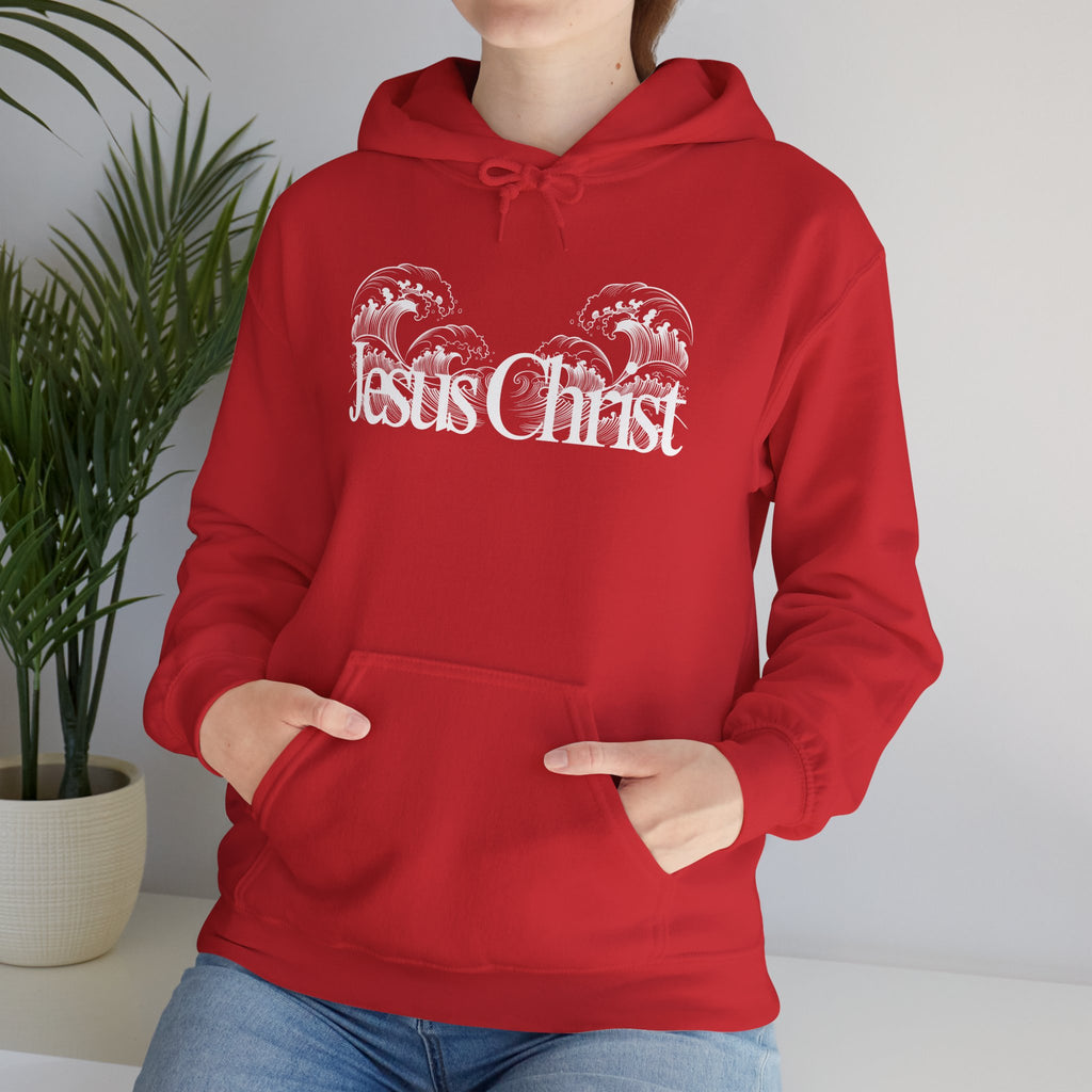 Jesus Christ Hoodie — Wave Graphic with Scripture Back (Faith-Based Christian Sweatshirt)