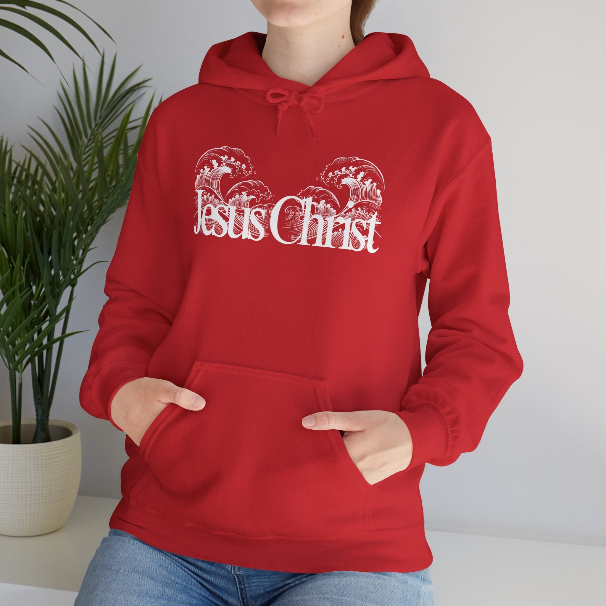 Jesus Christ Hoodie — Wave Graphic with Scripture Back (Faith-Based Christian Sweatshirt)