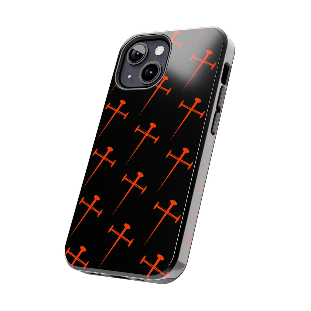 Black Tough Phone Case with Orange Nail Cross Pattern