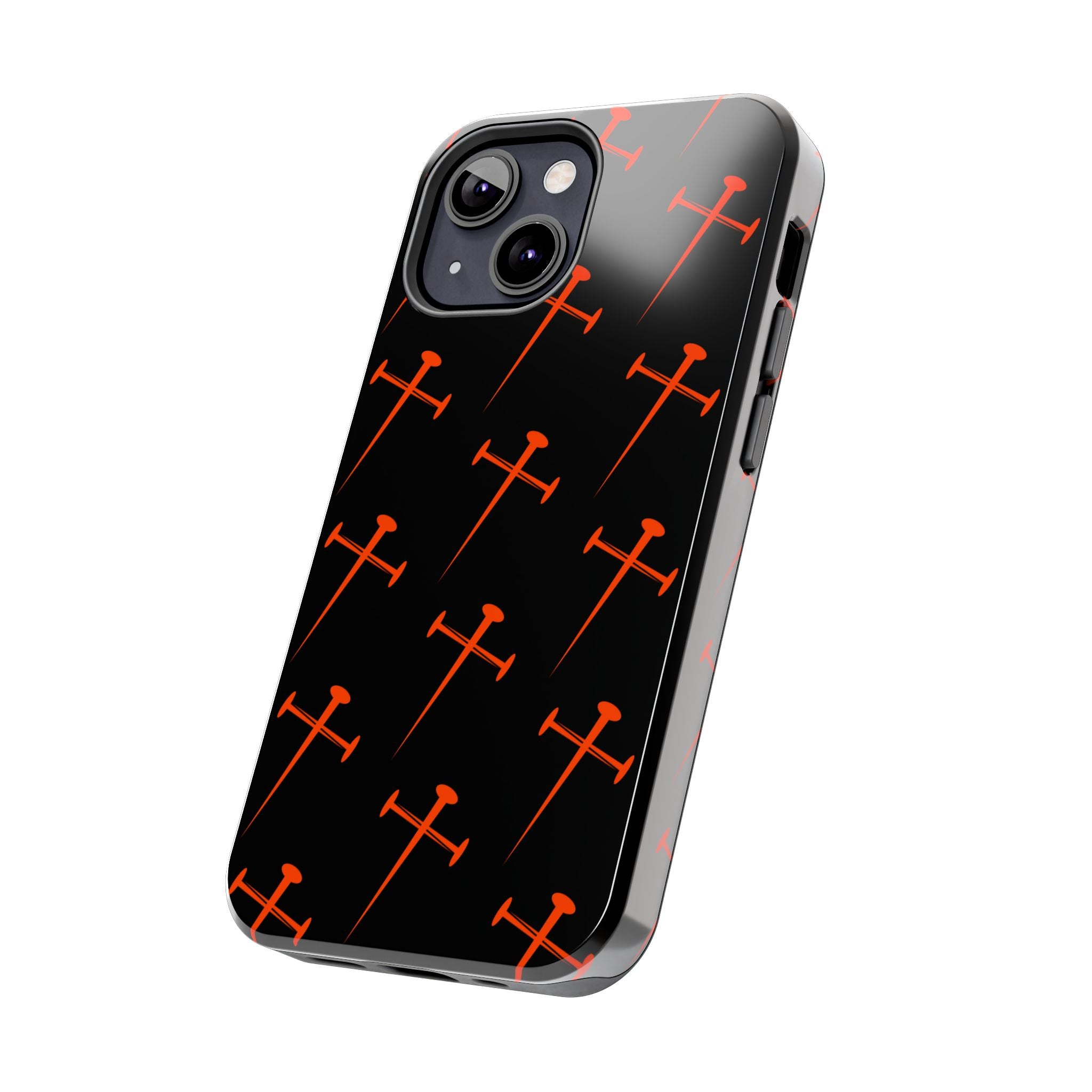 Black Tough Phone Case with Orange Nail Cross Pattern