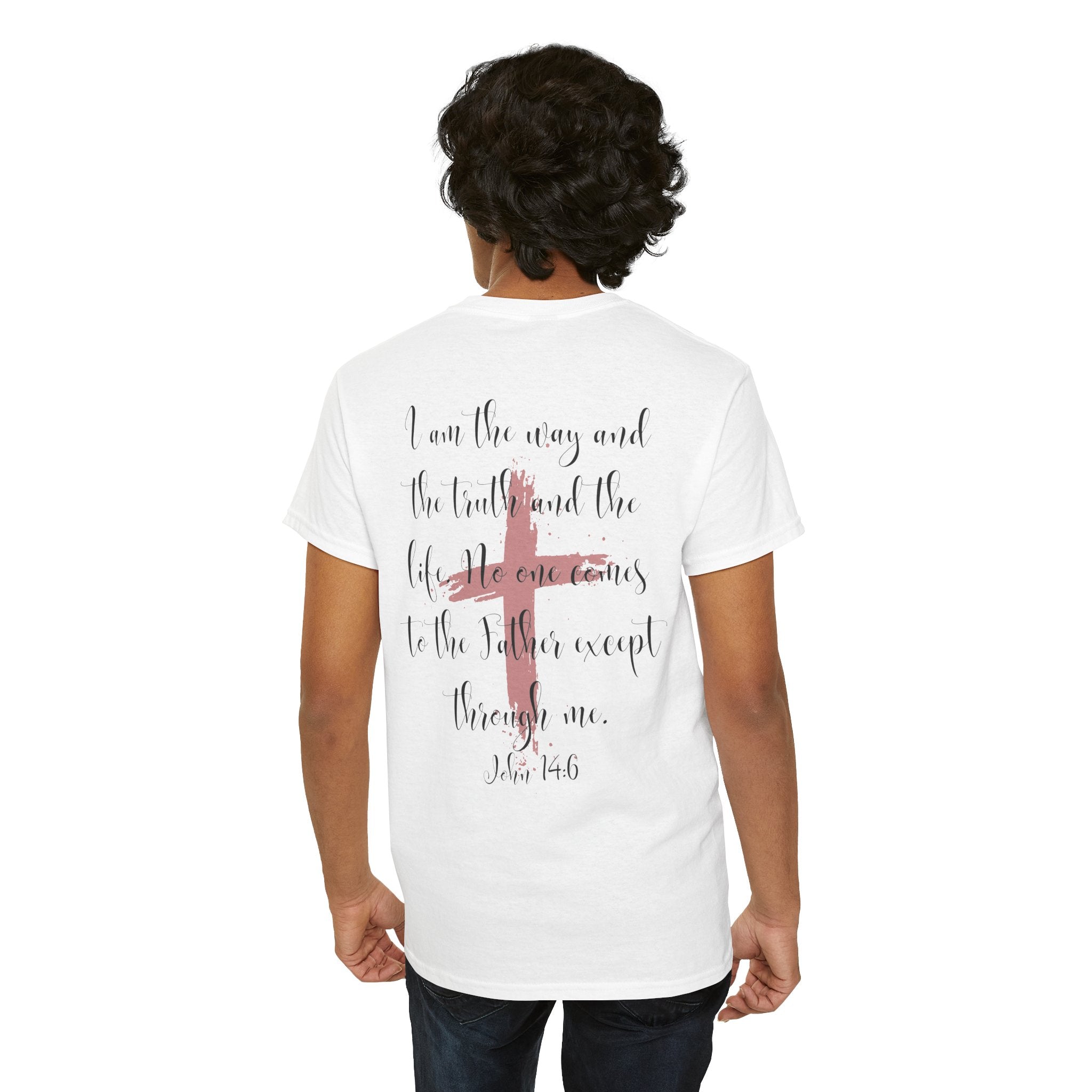 Jesus Cross T-Shirt — Red Brushstroke Faith Tee with Scripture Back (John 14:6)