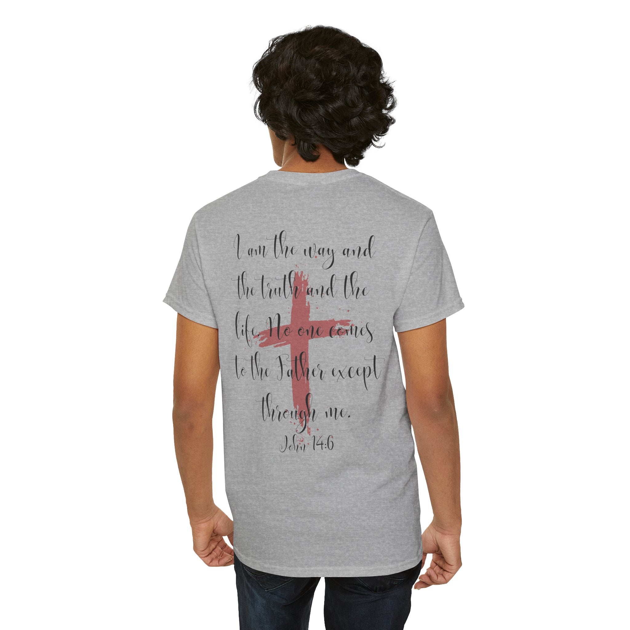 Jesus Cross T-Shirt — Red Brushstroke Faith Tee with Scripture Back (John 14:6)