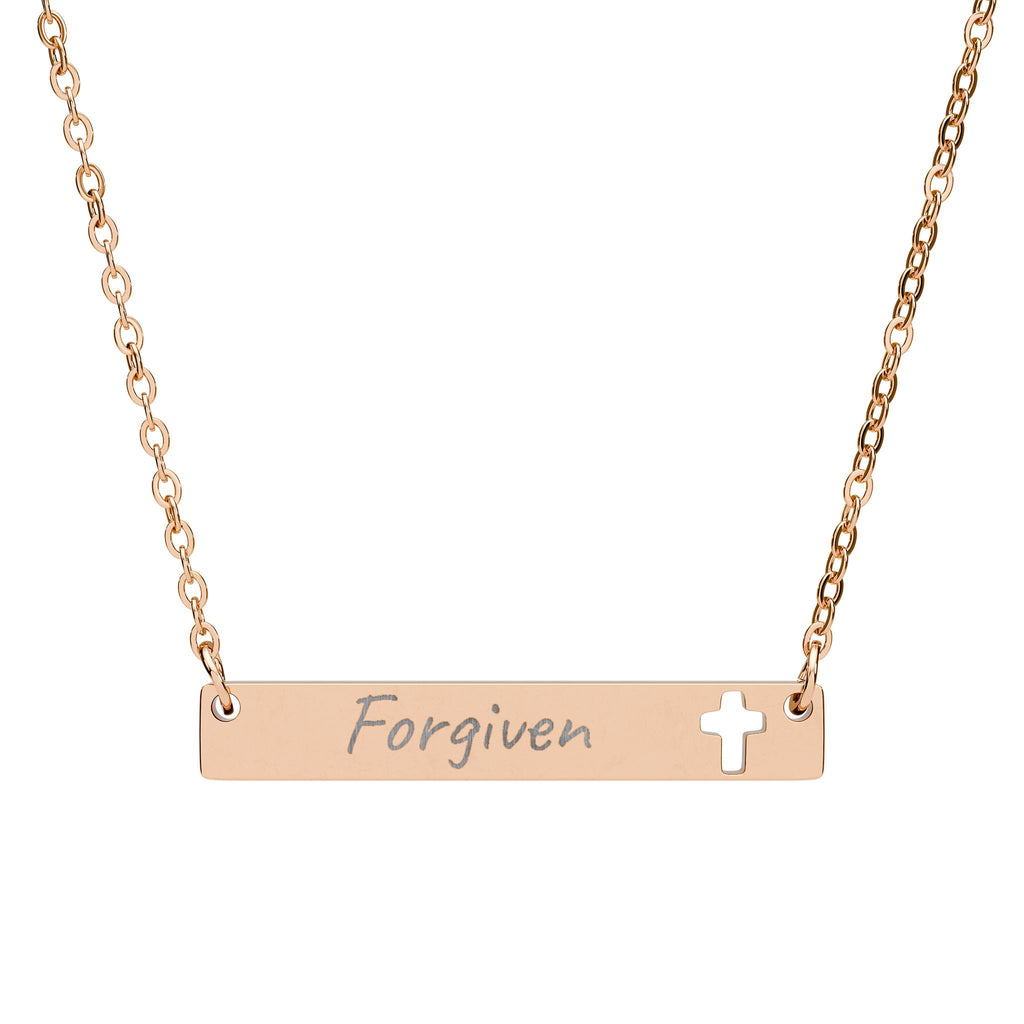 Forgiven Cutout Cross Bar Necklace — Engraved Christian Pendant