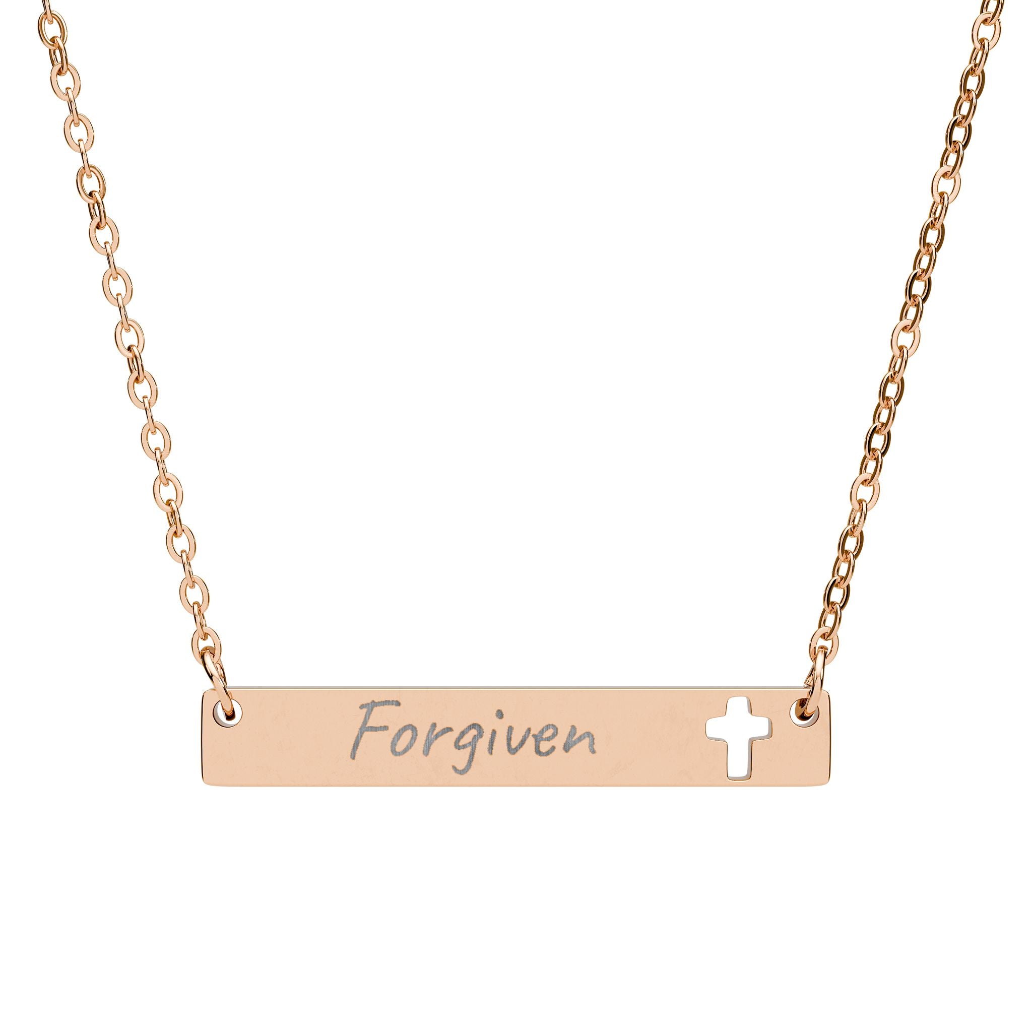 Forgiven Cutout Cross Bar Necklace — Engraved Christian Pendant