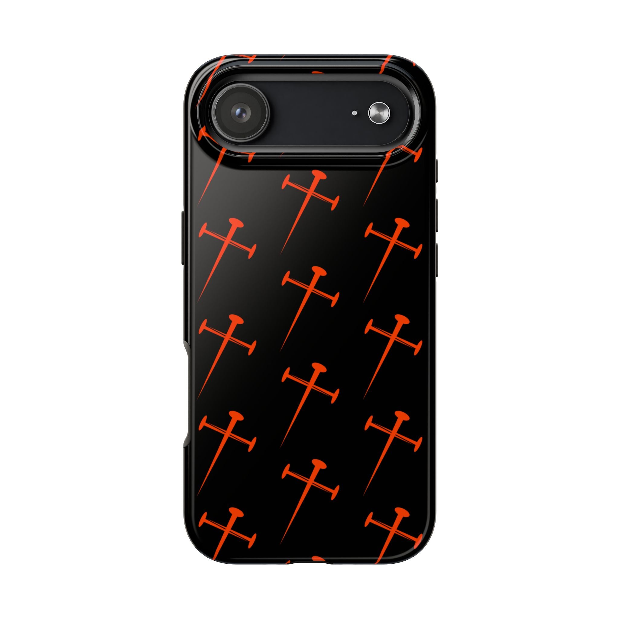 Black Tough Phone Case with Orange Nail Cross Pattern