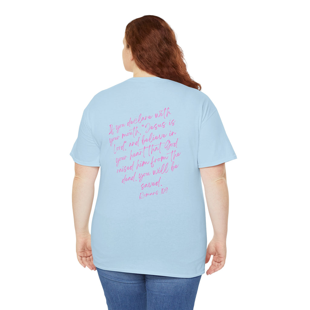 Saved T‑Shirt — Pink Script Faith Tee with Inspiring Back Verse