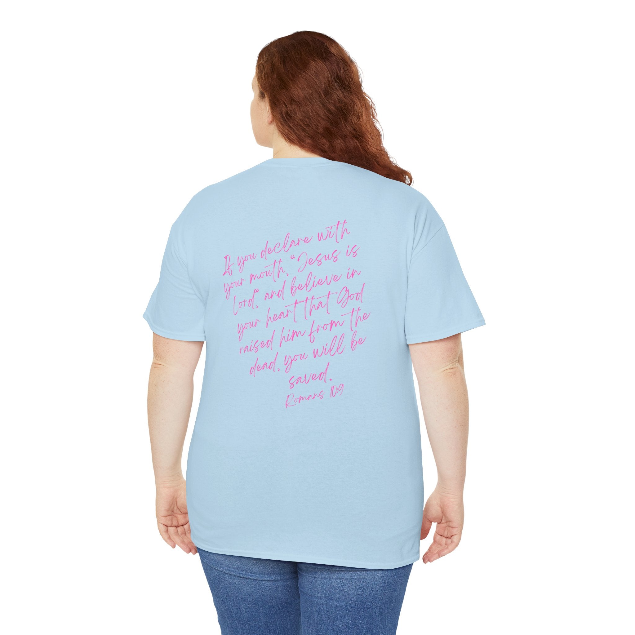 Saved T‑Shirt — Pink Script Faith Tee with Inspiring Back Verse