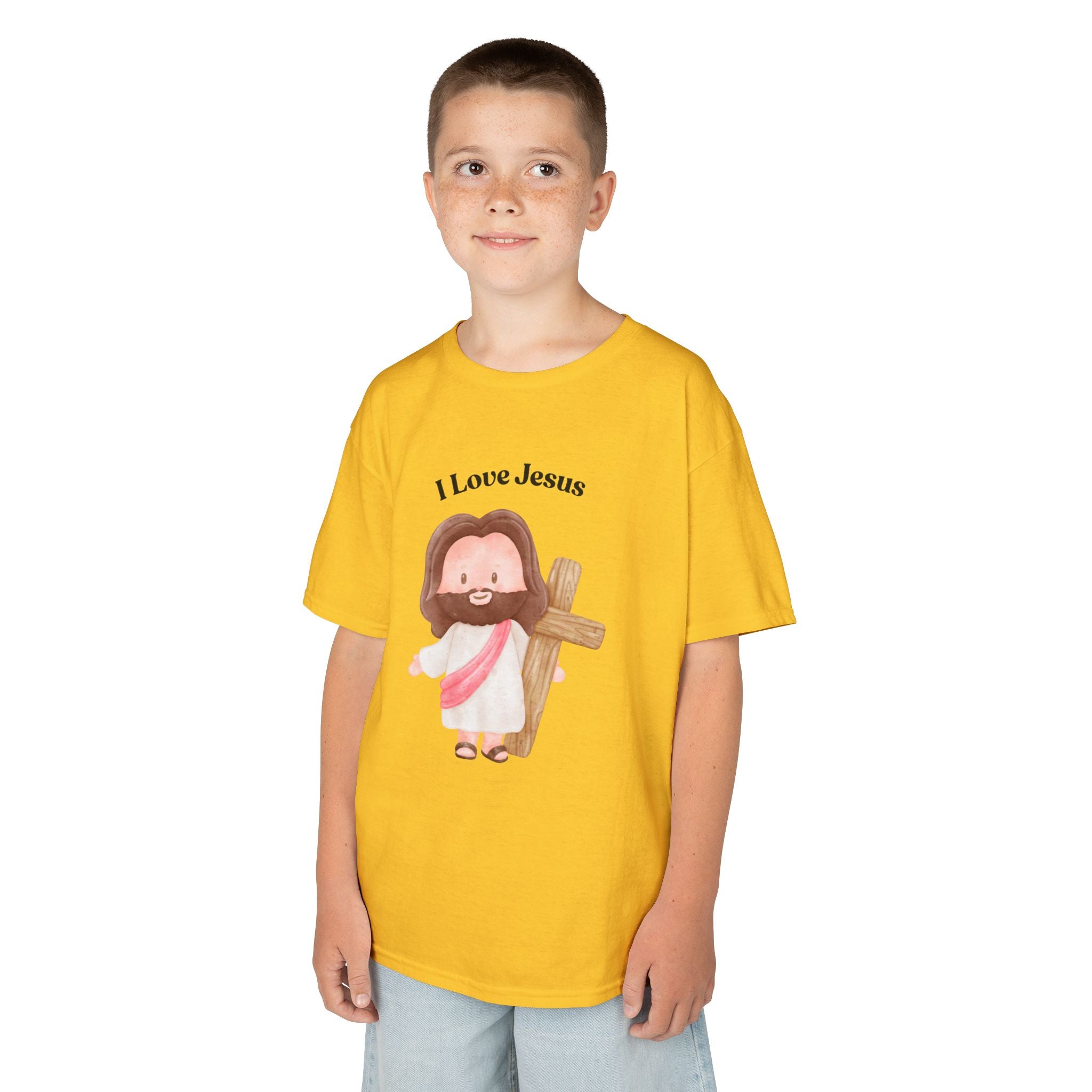 Kids T-Shirt — Cute "I Love Jesus" Cartoon Jesus Holding Cross — Christian Easter Gift for Children