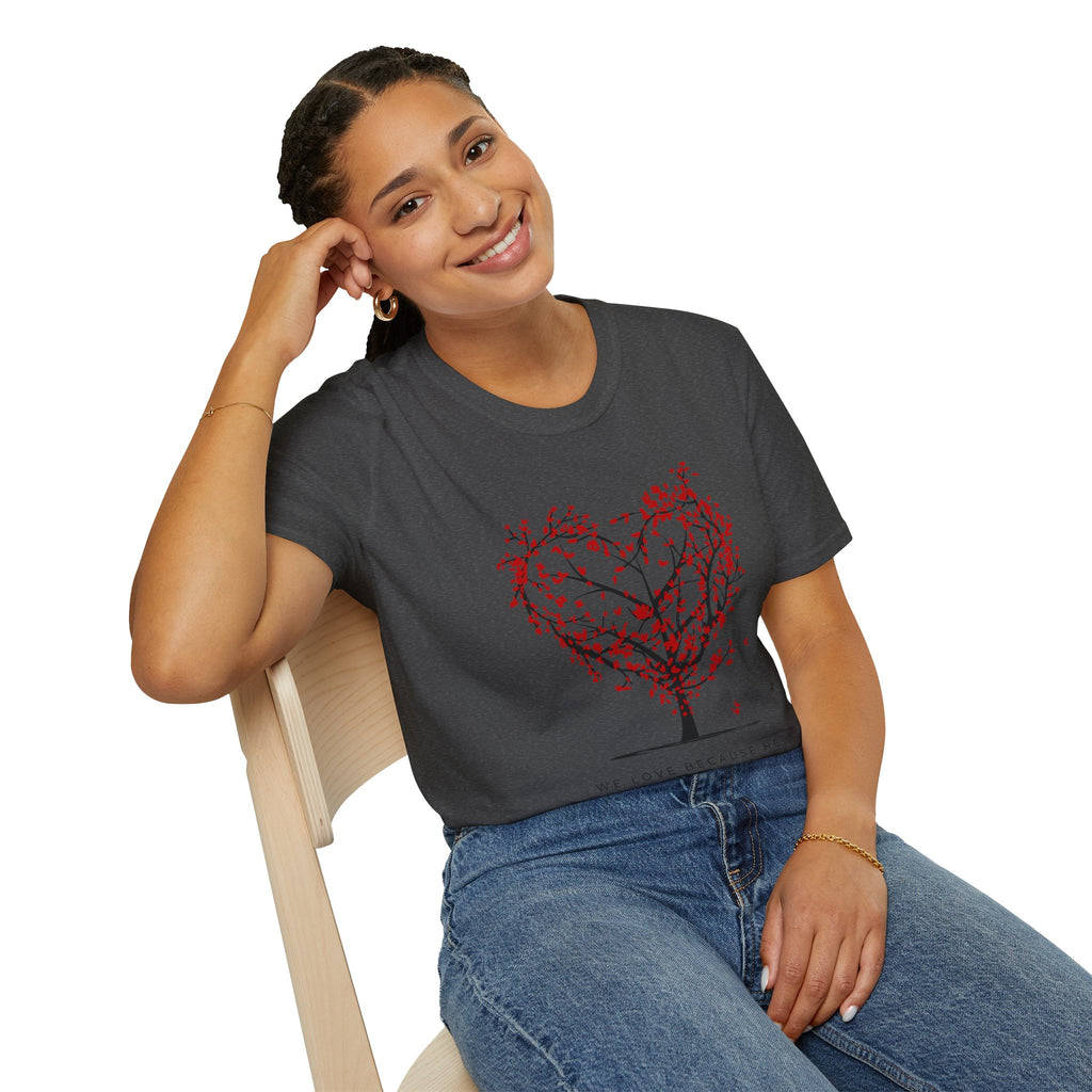 Heart Blossom Tree T‑Shirt — "We Love Because He First Loved Us" Christian Tee