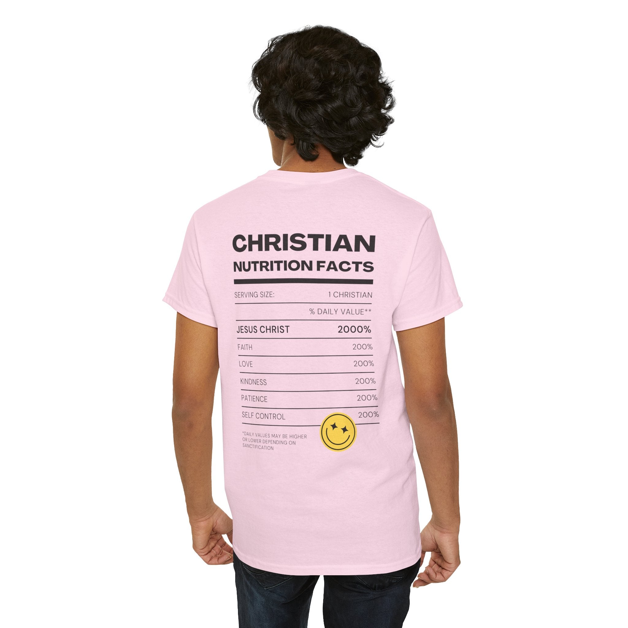 Christian Nutrition Facts Tee — Faith-Based Graphic T-Shirt with Cross & Nutrition Label Back