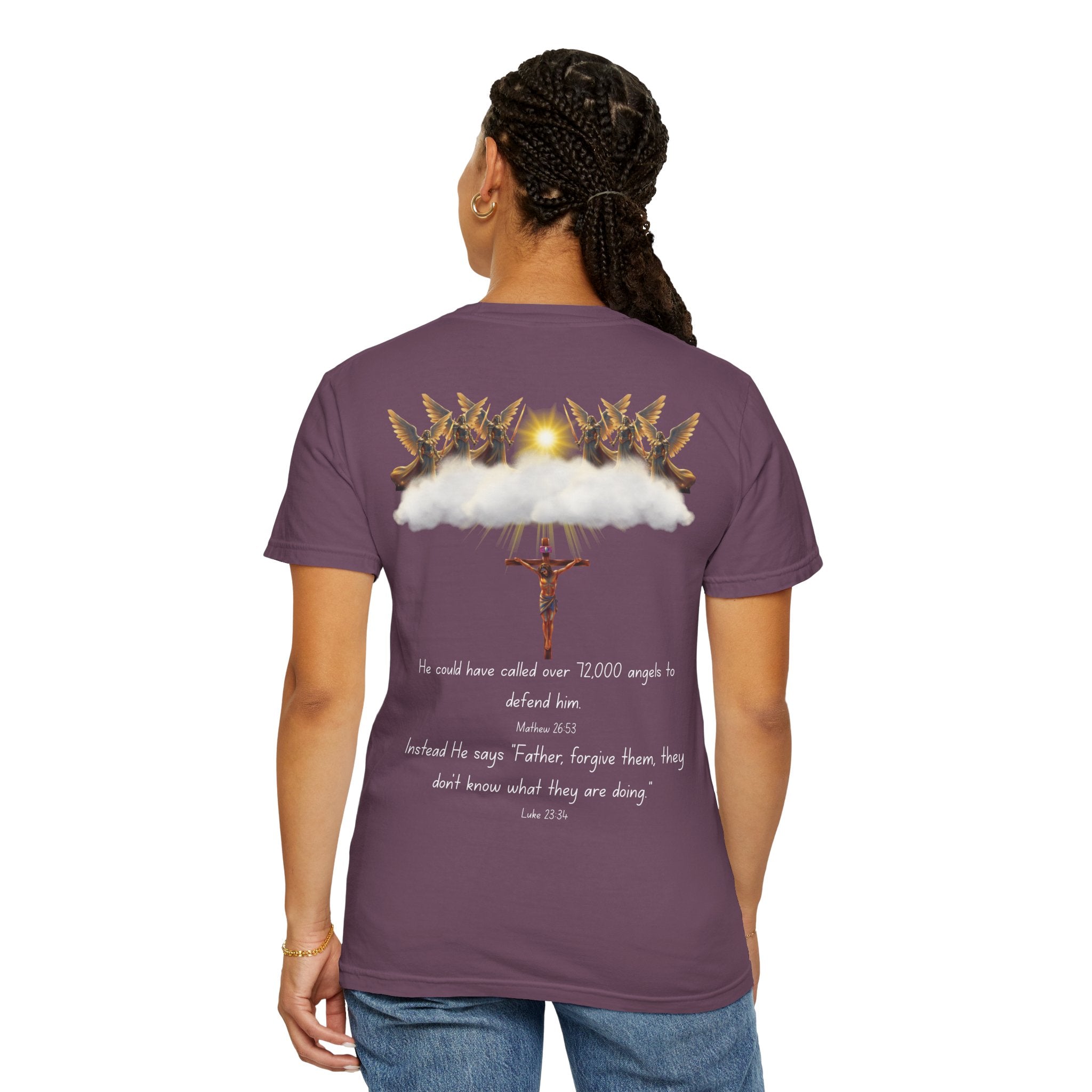 Christian Mercy & Forgiveness T-Shirt — Scripture Cross Back Design