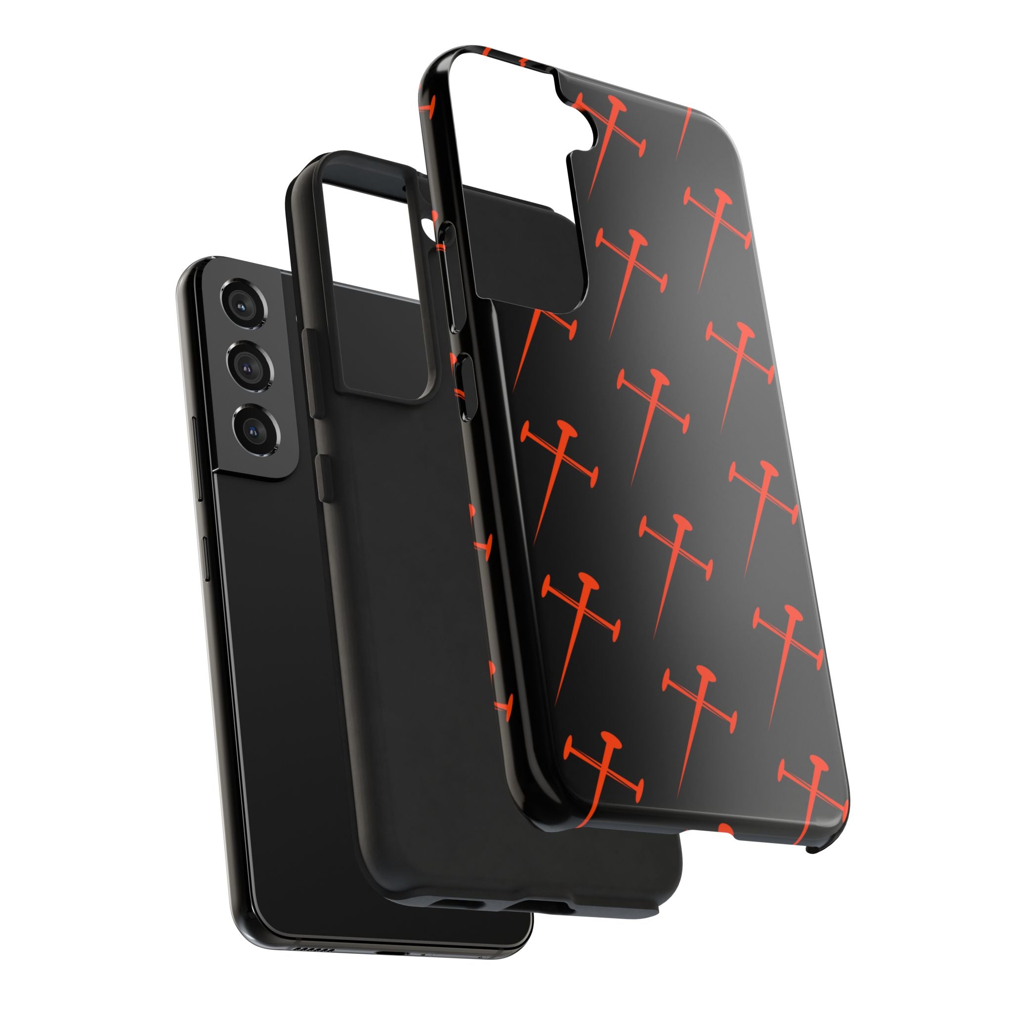 Black Tough Phone Case with Orange Nail Cross Pattern