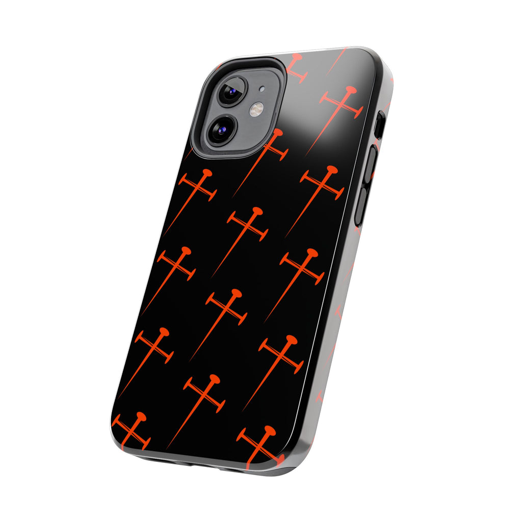 Black Tough Phone Case with Orange Nail Cross Pattern