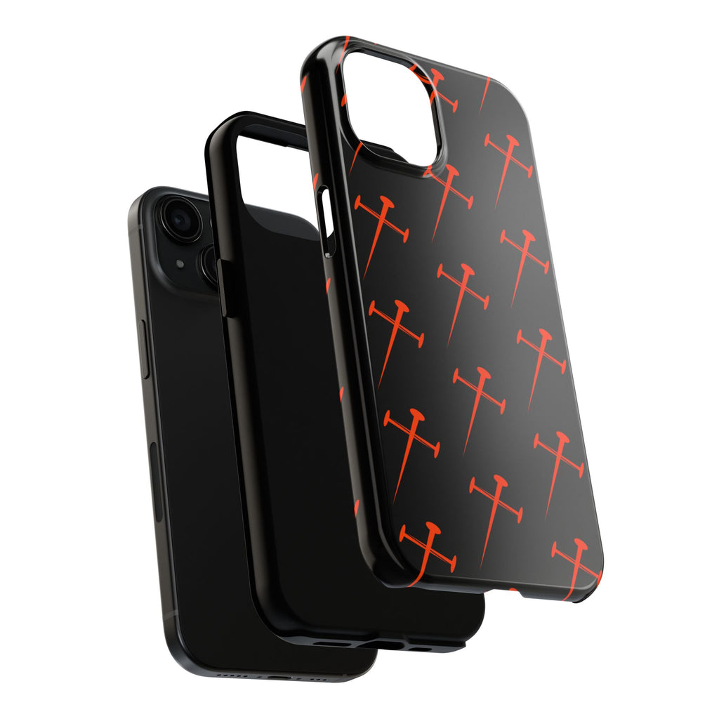 Black Tough Phone Case with Orange Nail Cross Pattern