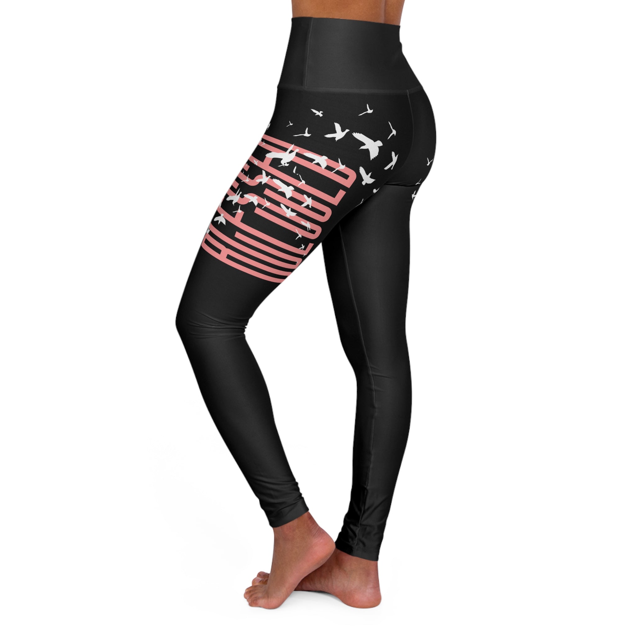 High-Waisted Leggings with 'Blessed' Script & Flying Doves – Black