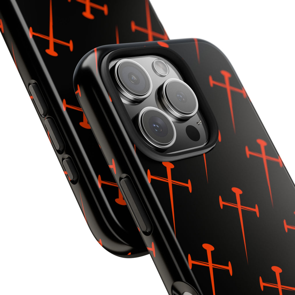 Black Tough Phone Case with Orange Nail Cross Pattern