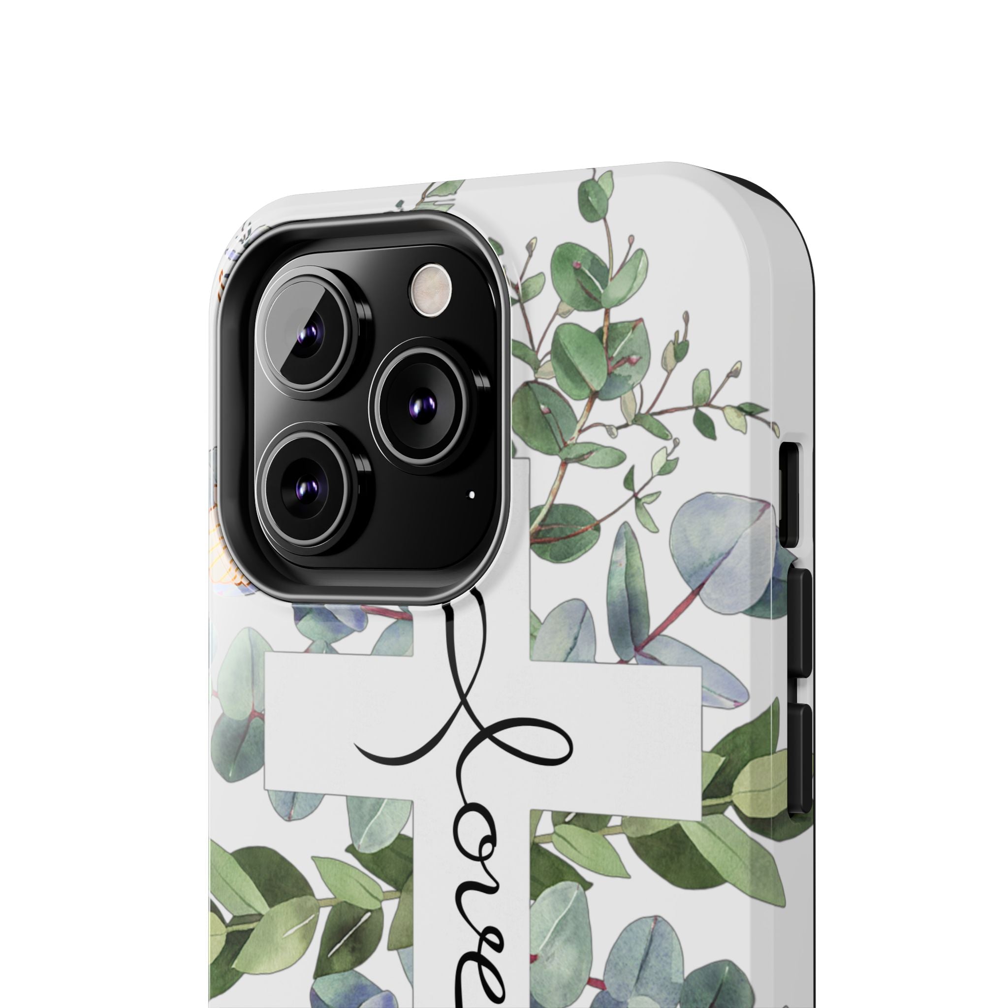 Religious Cross Tough Phone Case — Eucalyptus Floral "Love" Design