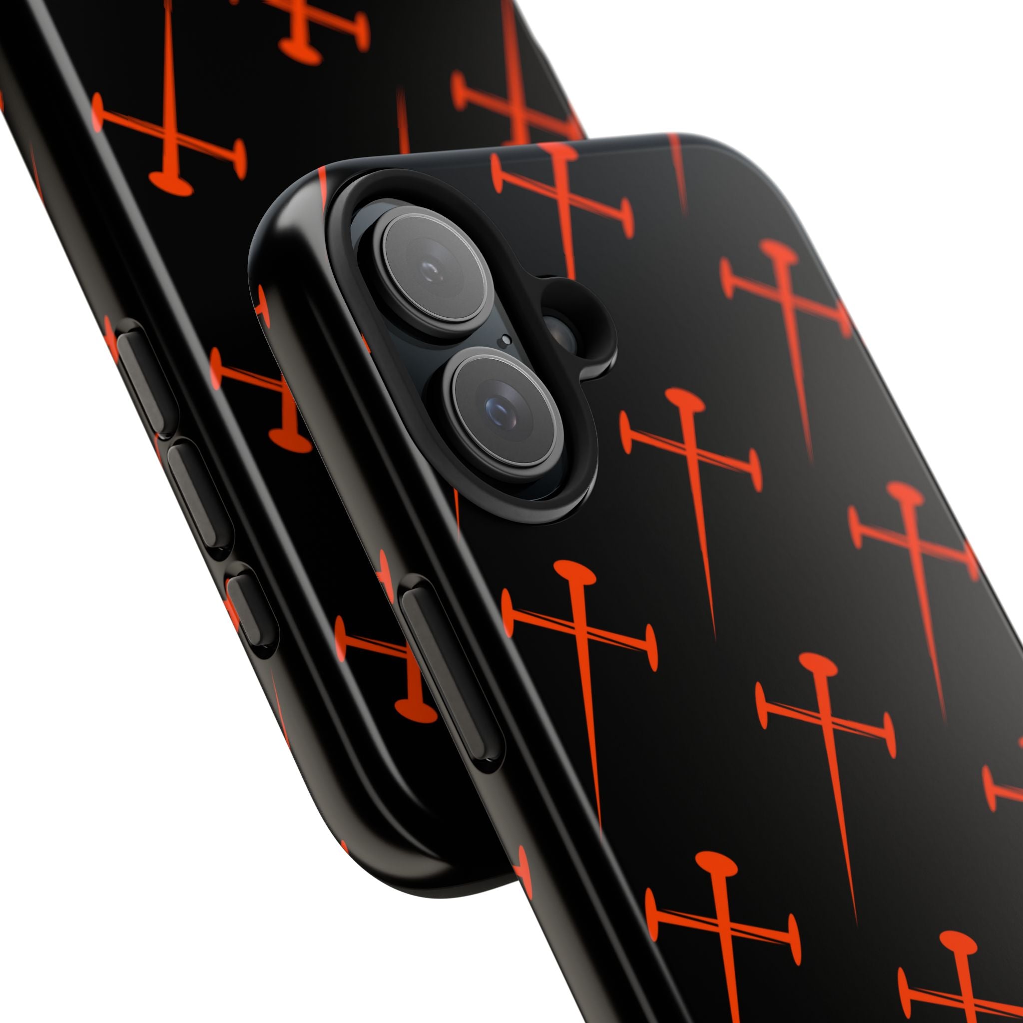 Black Tough Phone Case with Orange Nail Cross Pattern