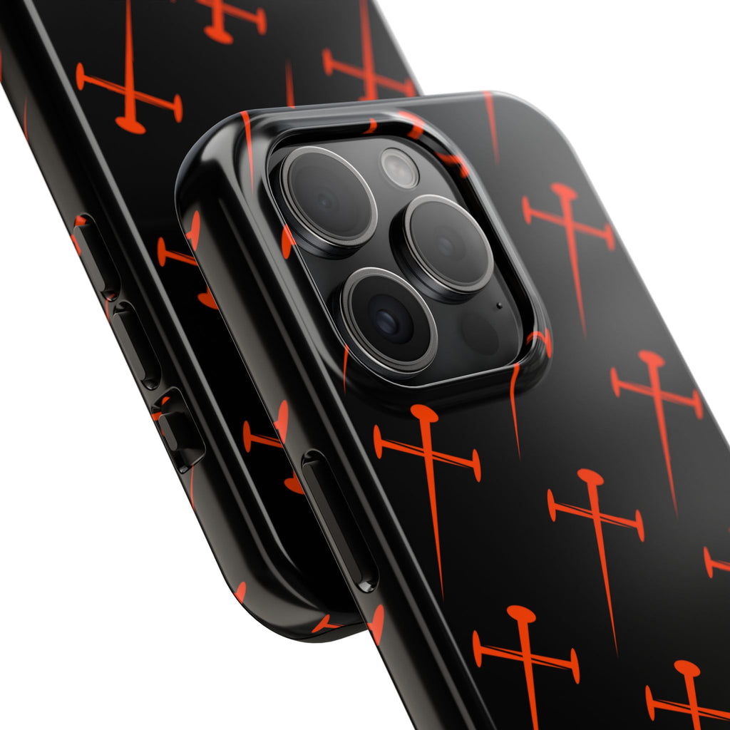 Black Tough Phone Case with Orange Nail Cross Pattern