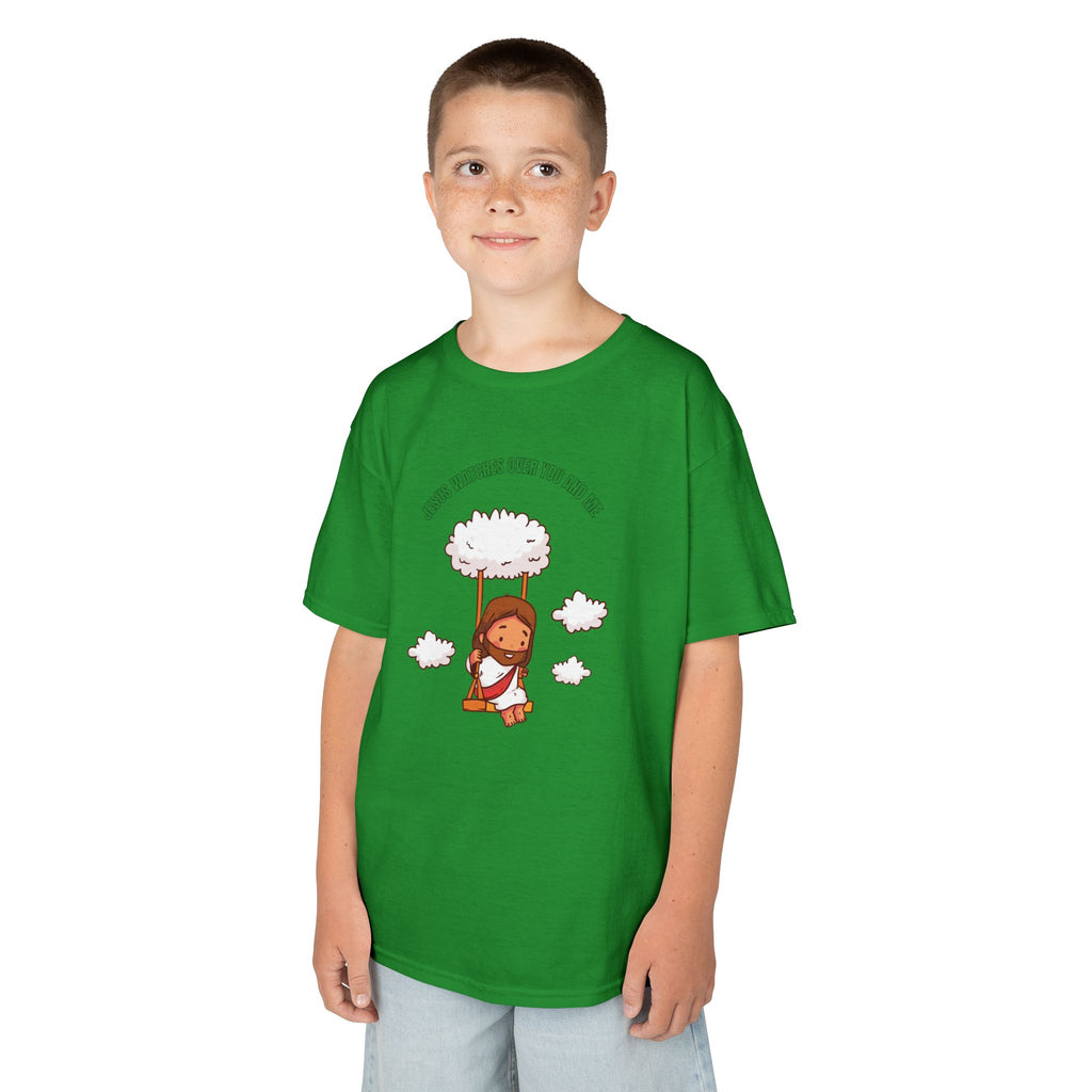 Kids Tee — Cute Jesus on Swing Under Cloud "Jesus Watches Over You and Me"