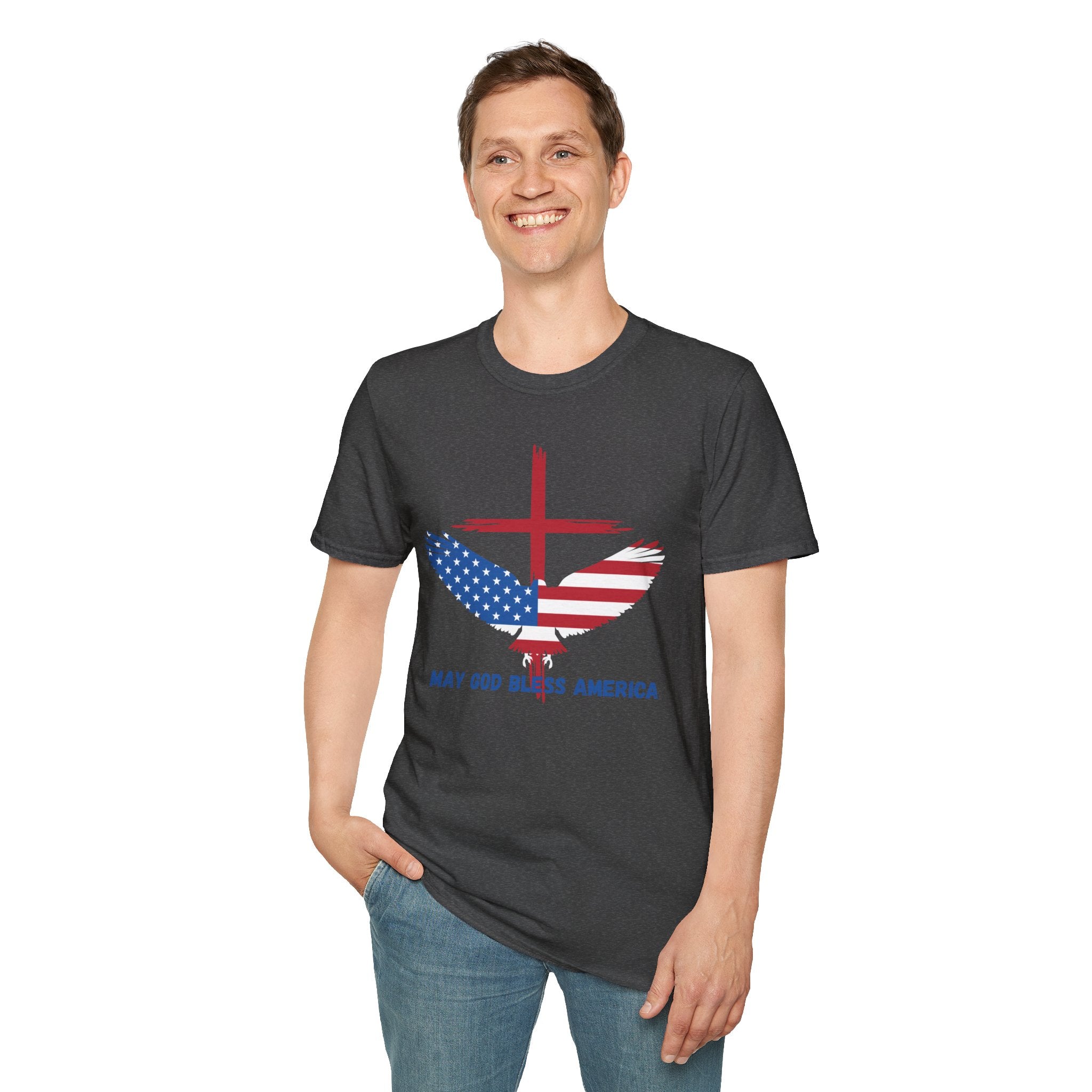 Patriotic Eagle T-Shirt — "May God Bless America" Flag Cross Graphic