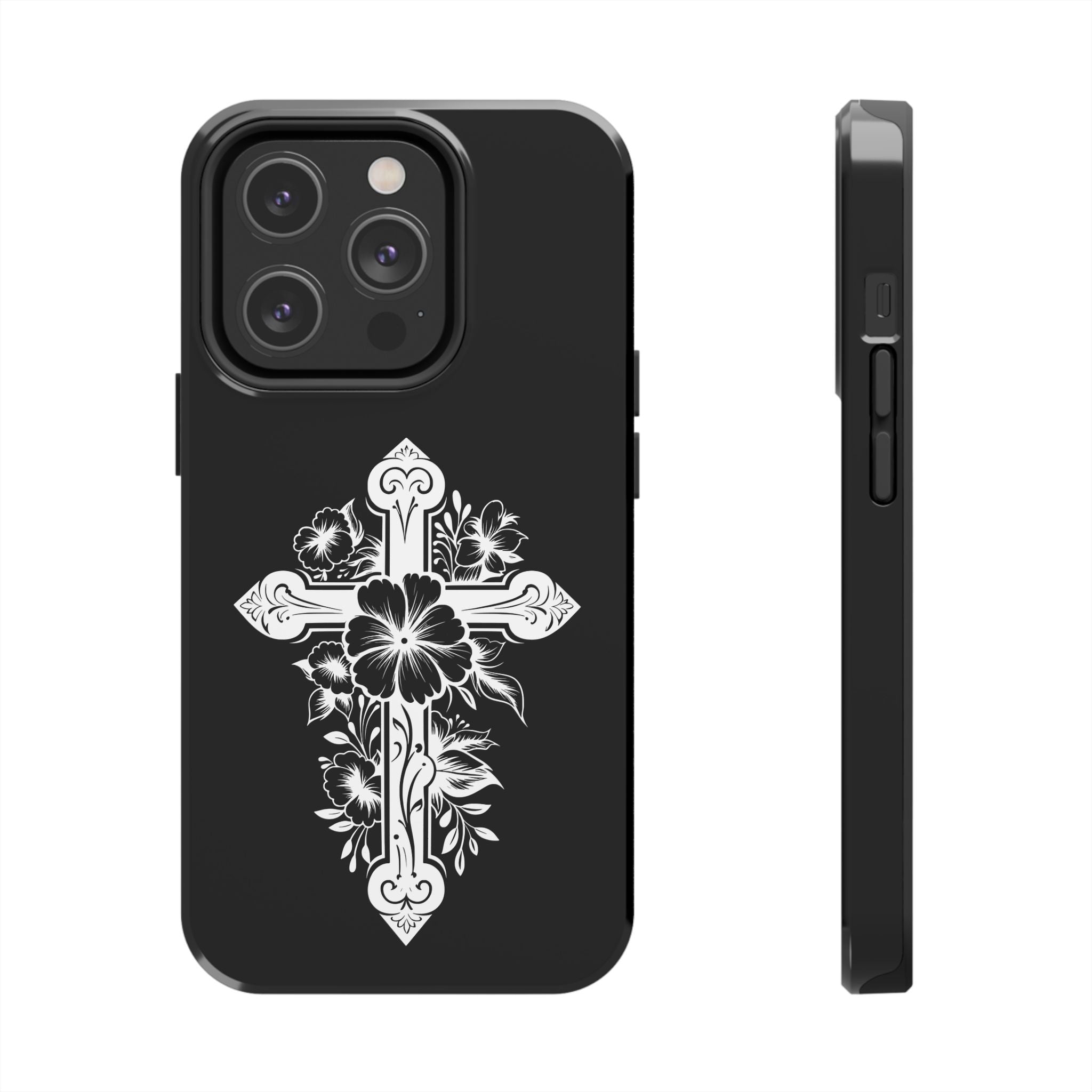 Floral Cross Tough Phone Case — Black Protective Christian Phone Cover