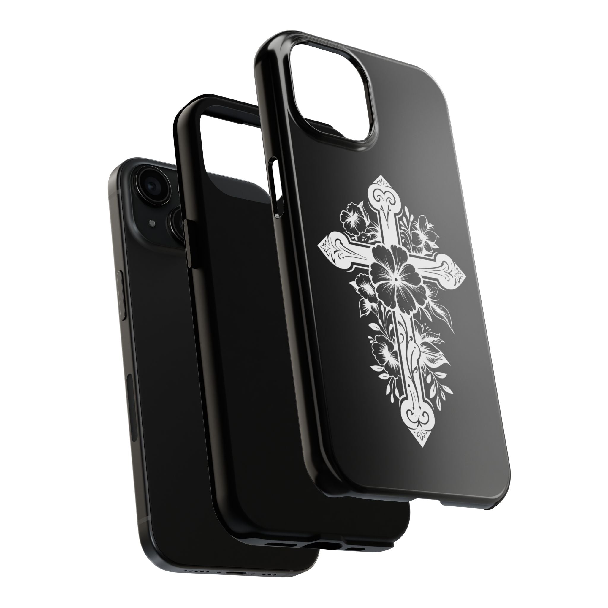 Floral Cross Tough Phone Case — Black Protective Christian Phone Cover