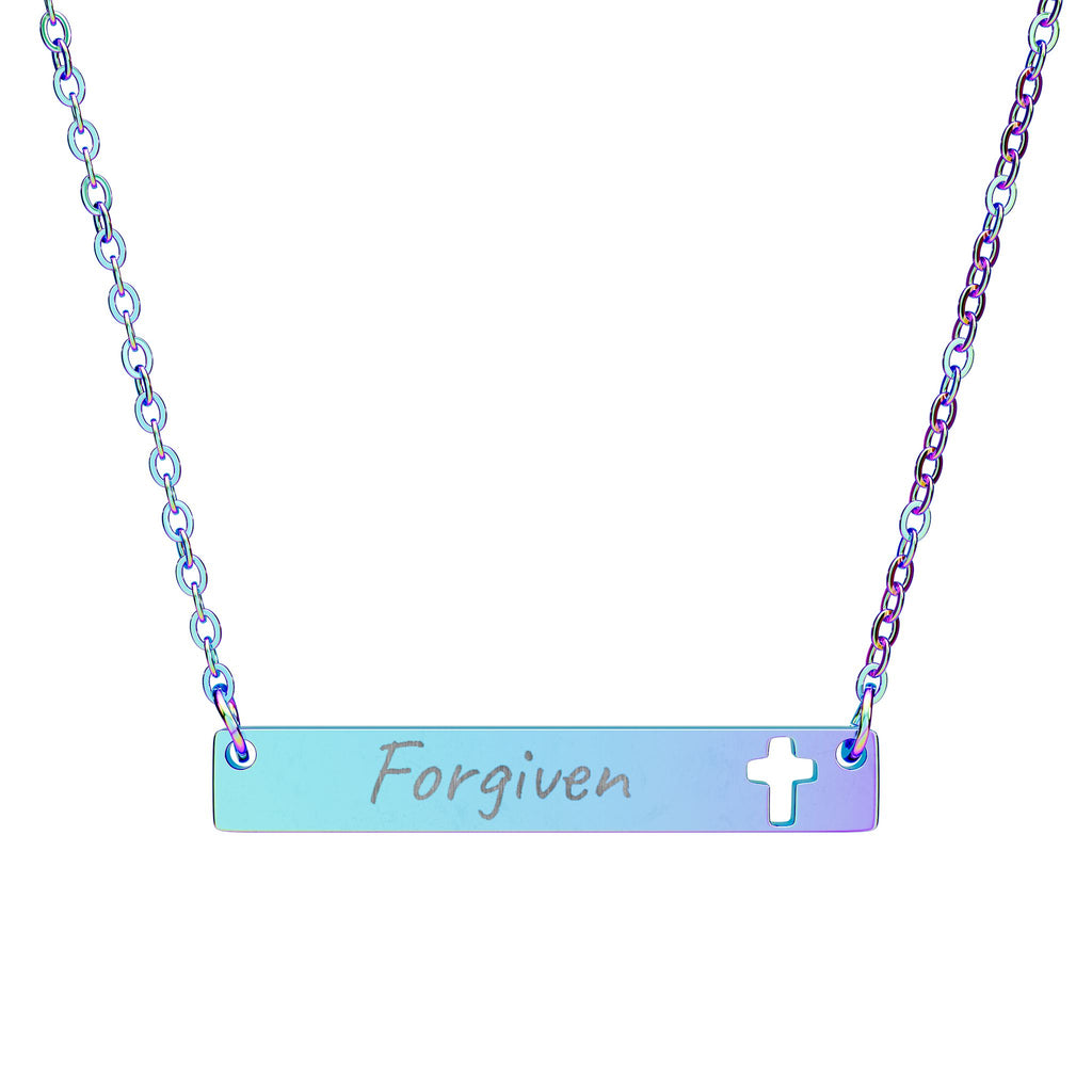 Forgiven Cutout Cross Bar Necklace — Engraved Christian Pendant