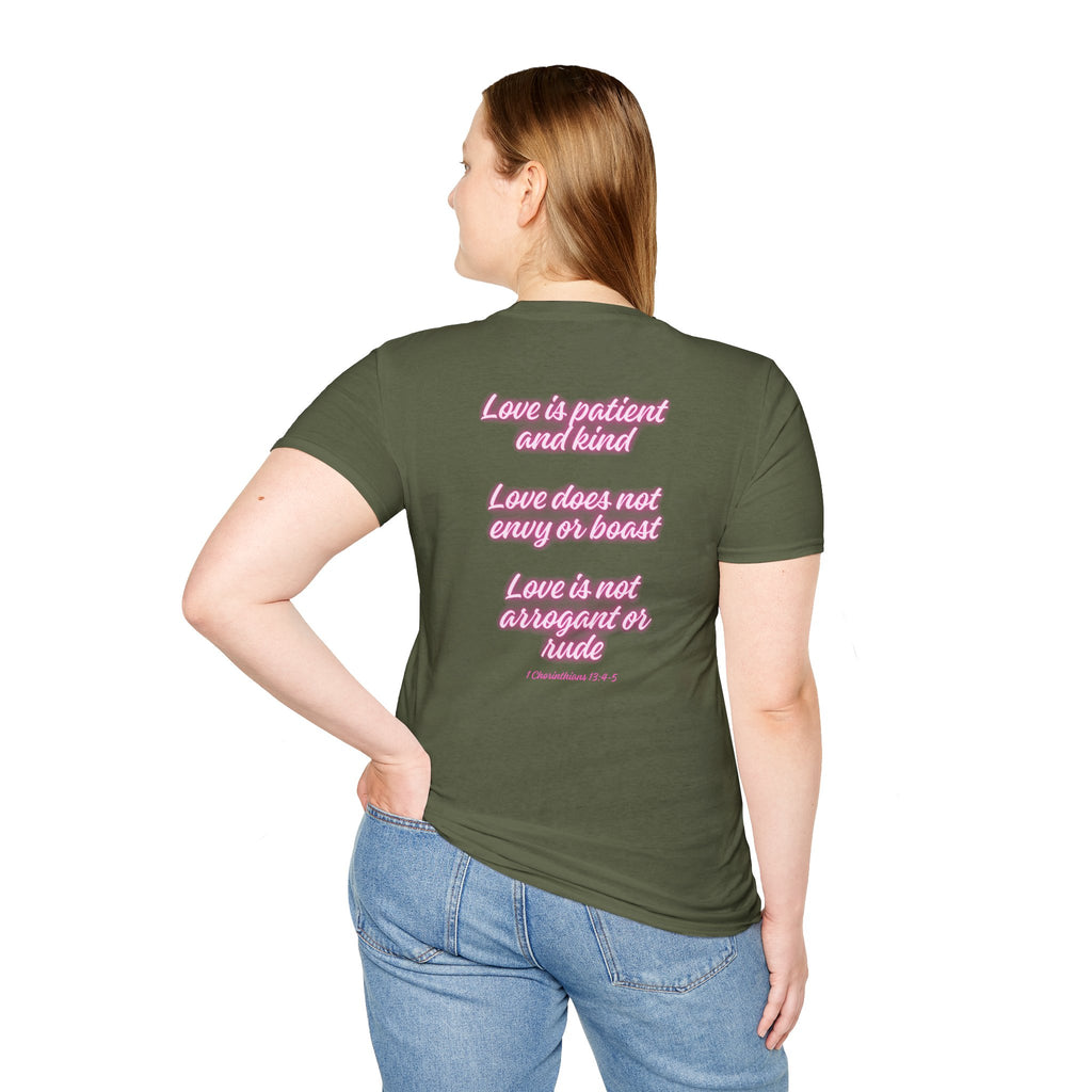 Love Script T-Shirt — Pink Neon "Love" Graphic with Scripture Back