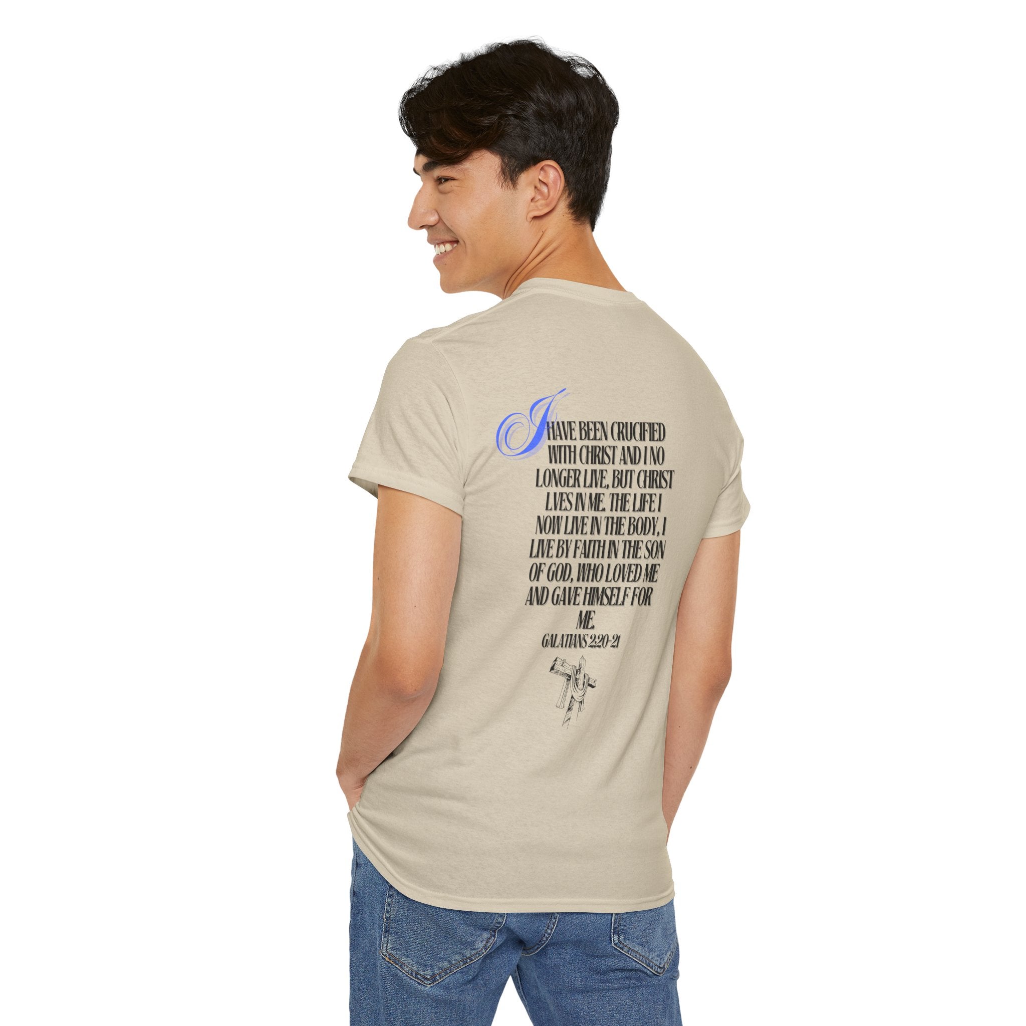 Christian Cross Tee — “Christ Lives in Me” Scripture Shirt (Galatians 2:20)