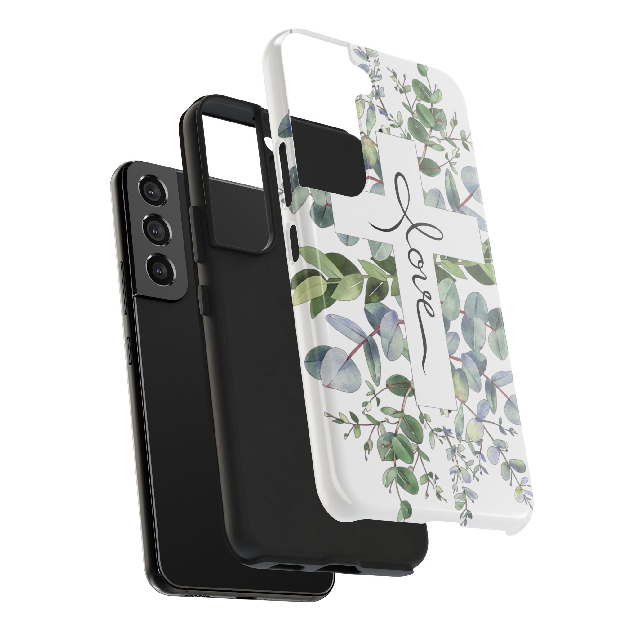 Religious Cross Tough Phone Case — Eucalyptus Floral "Love" Design