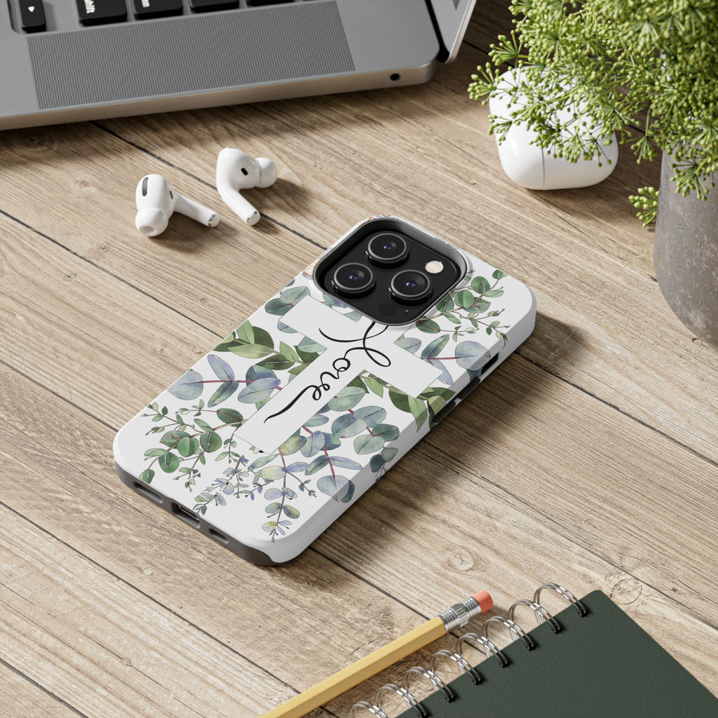Religious Cross Tough Phone Case — Eucalyptus Floral "Love" Design