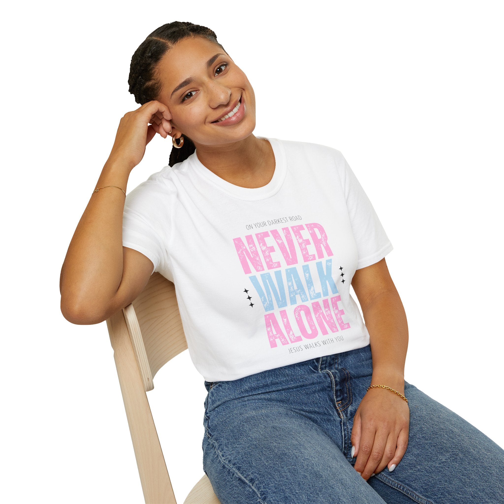Never Walk Alone Jesus Walks With You T-Shirt — Pastel Pink & Blue Inspirational Tee