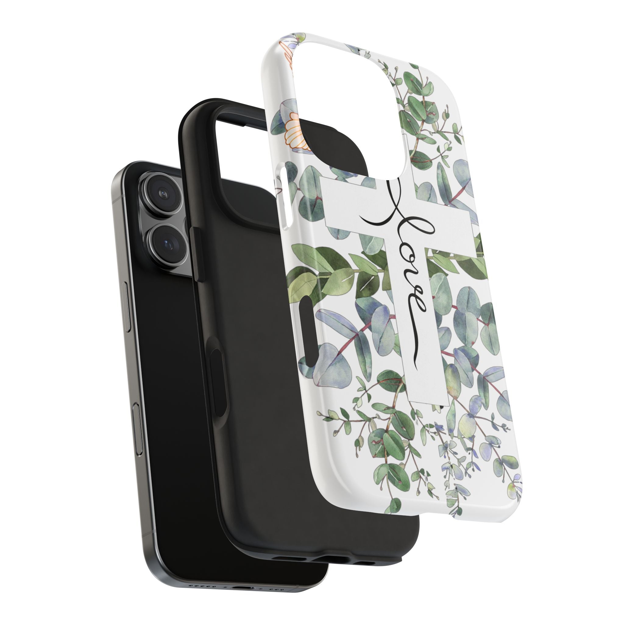 Religious Cross Tough Phone Case — Eucalyptus Floral "Love" Design