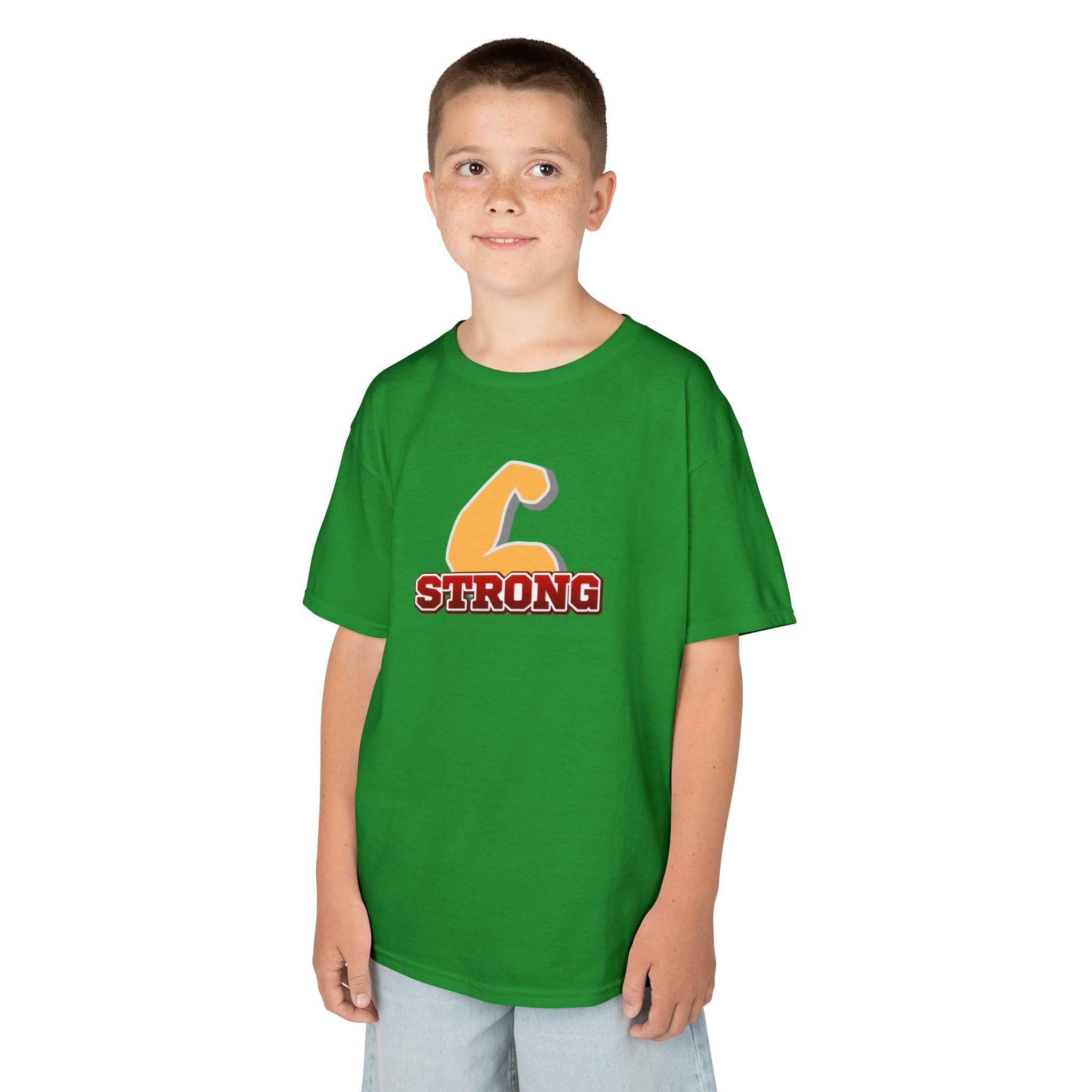 Kids Tee — "Strong" Muscle Graphic with Philippians 4:13 Back (Christian Inspirational)