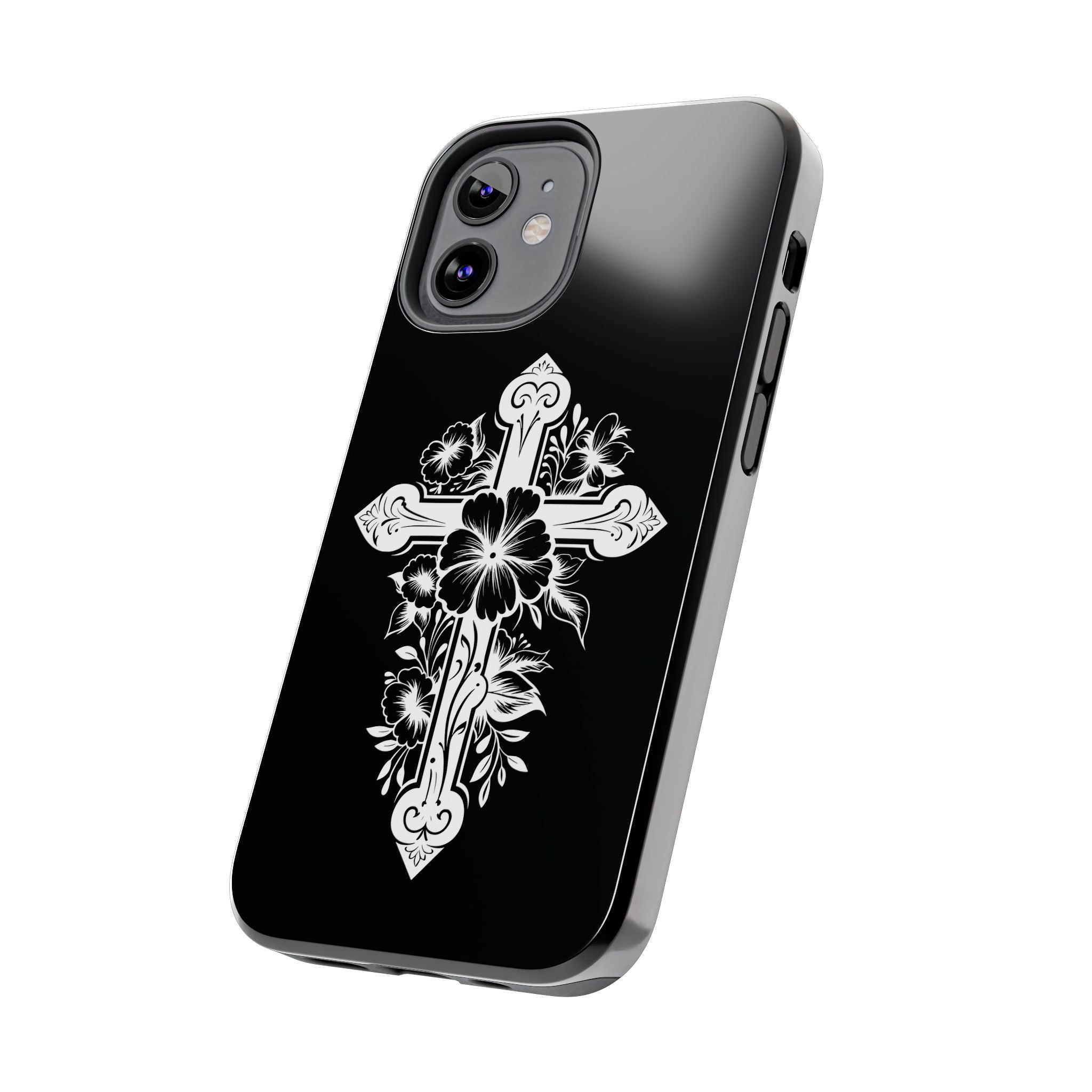 Floral Cross Tough Phone Case — Black Protective Christian Phone Cover