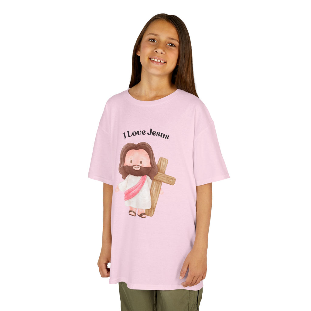 Kids T-Shirt — Cute "I Love Jesus" Cartoon Jesus Holding Cross — Christian Easter Gift for Children