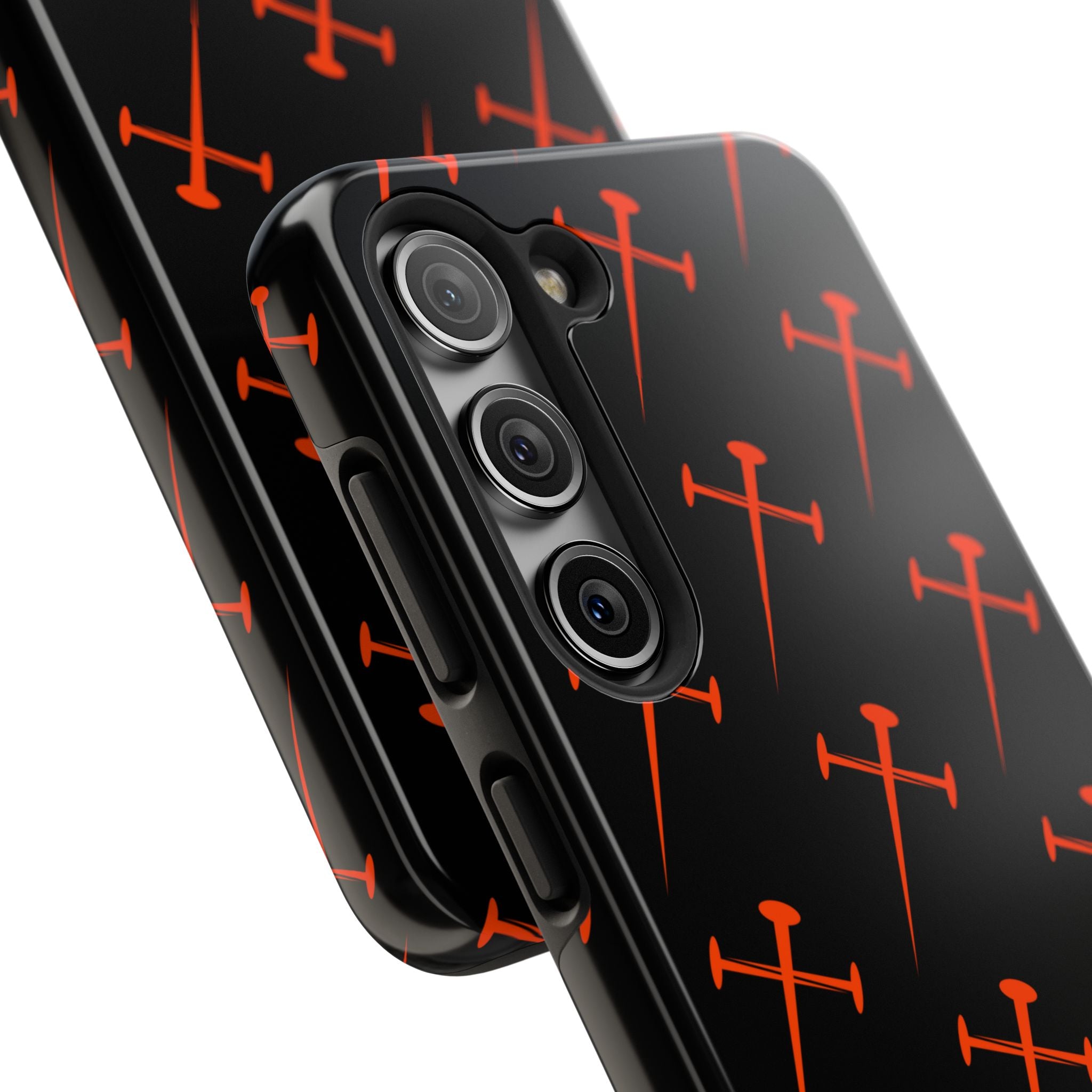 Black Tough Phone Case with Orange Nail Cross Pattern