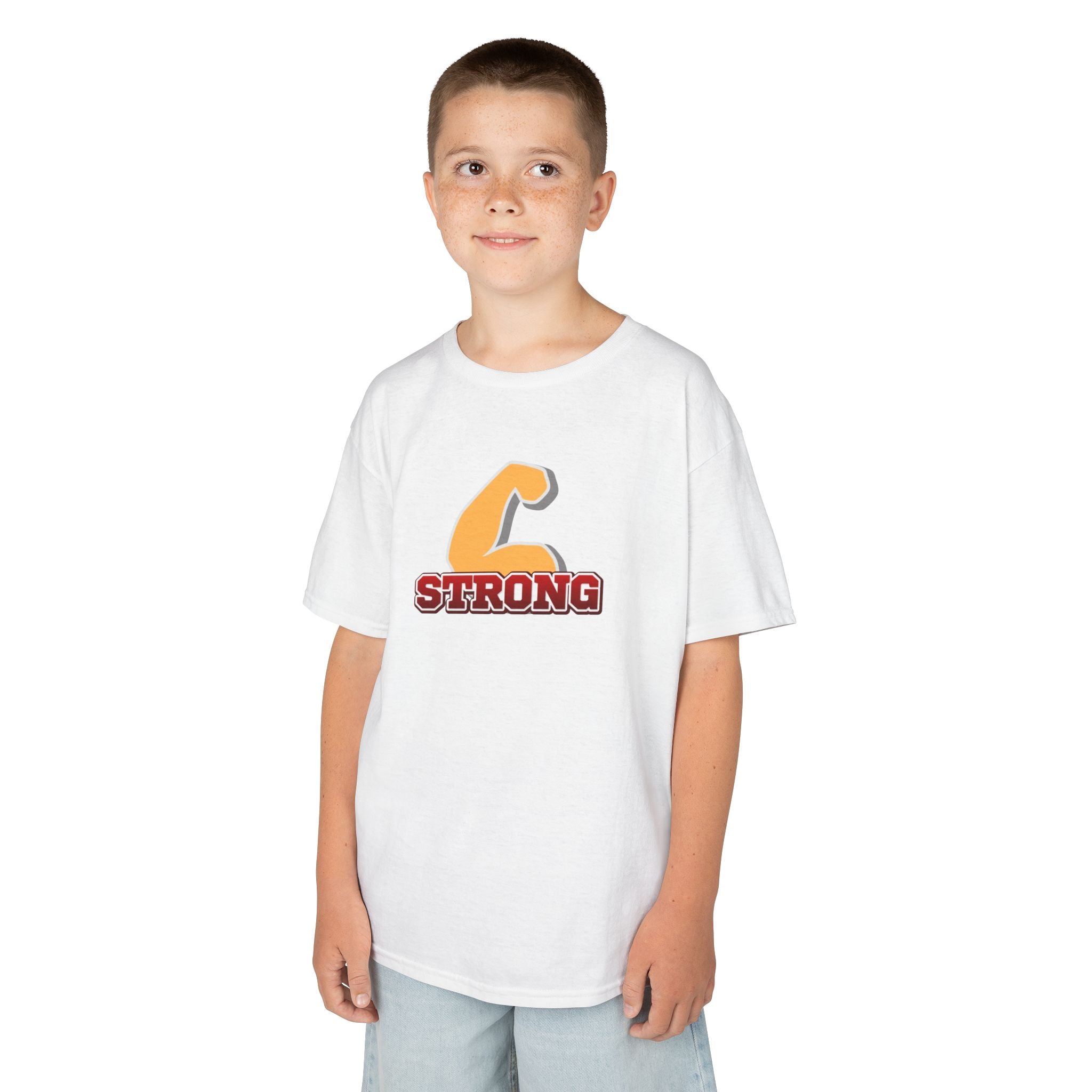 Kids Tee — "Strong" Muscle Graphic with Philippians 4:13 Back (Christian Inspirational)
