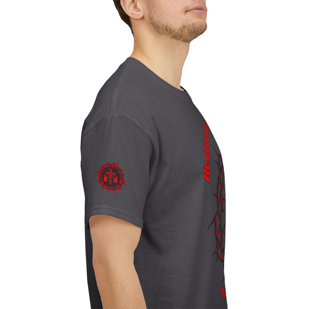 He Loved Us So He Died For Us Tee — Christian Faith T-Shirt with Crown of Thorns Cross Design Romans 5:8