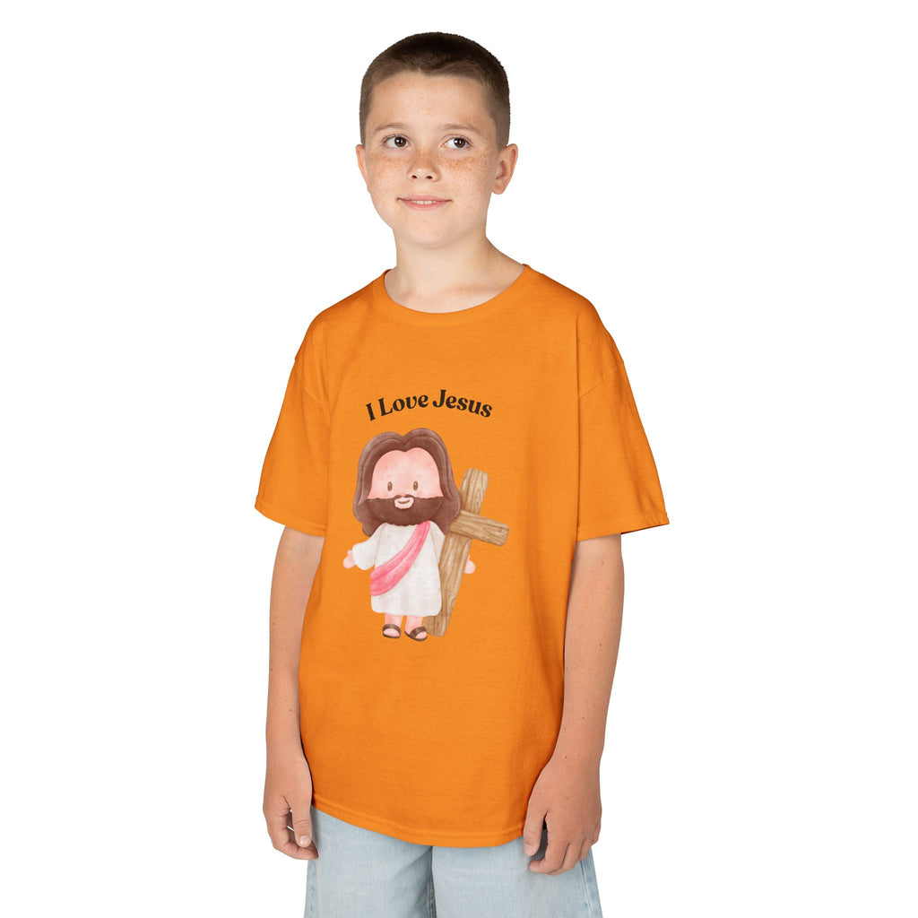 Kids T-Shirt — Cute "I Love Jesus" Cartoon Jesus Holding Cross — Christian Easter Gift for Children