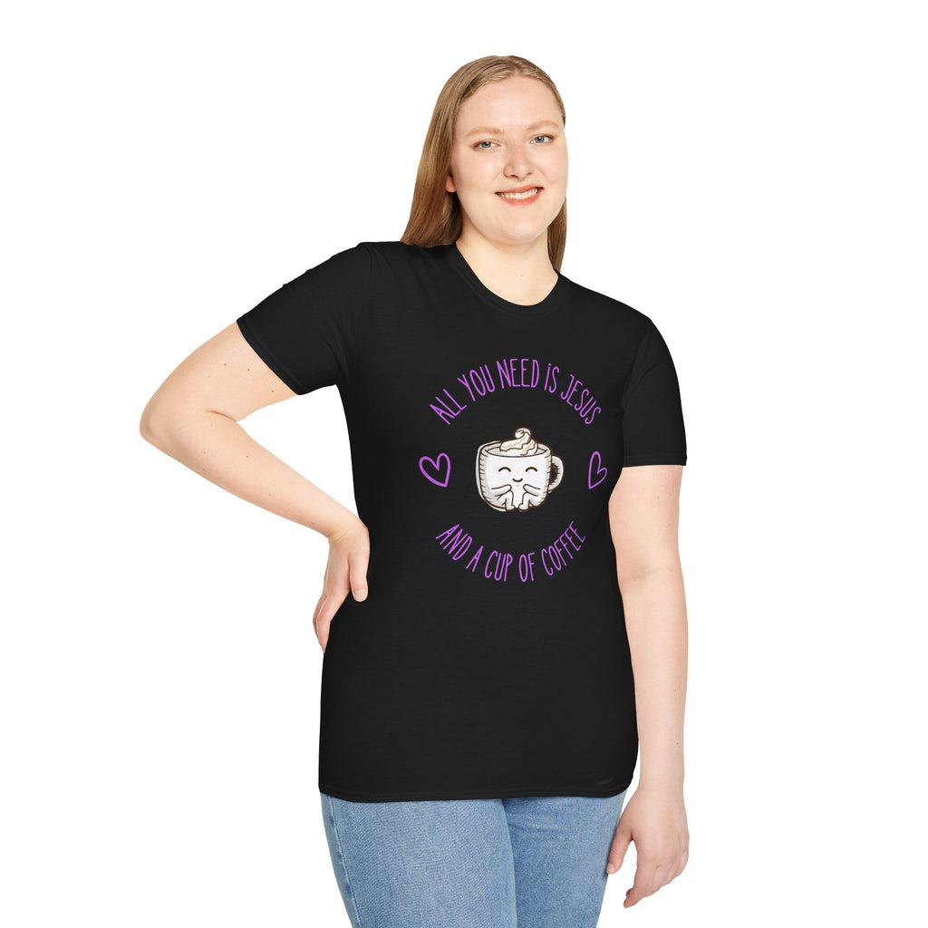 Christian Coffee T-Shirt — “All You Need Is Jesus and a Cup of Coffee” Cute Mug Graphic