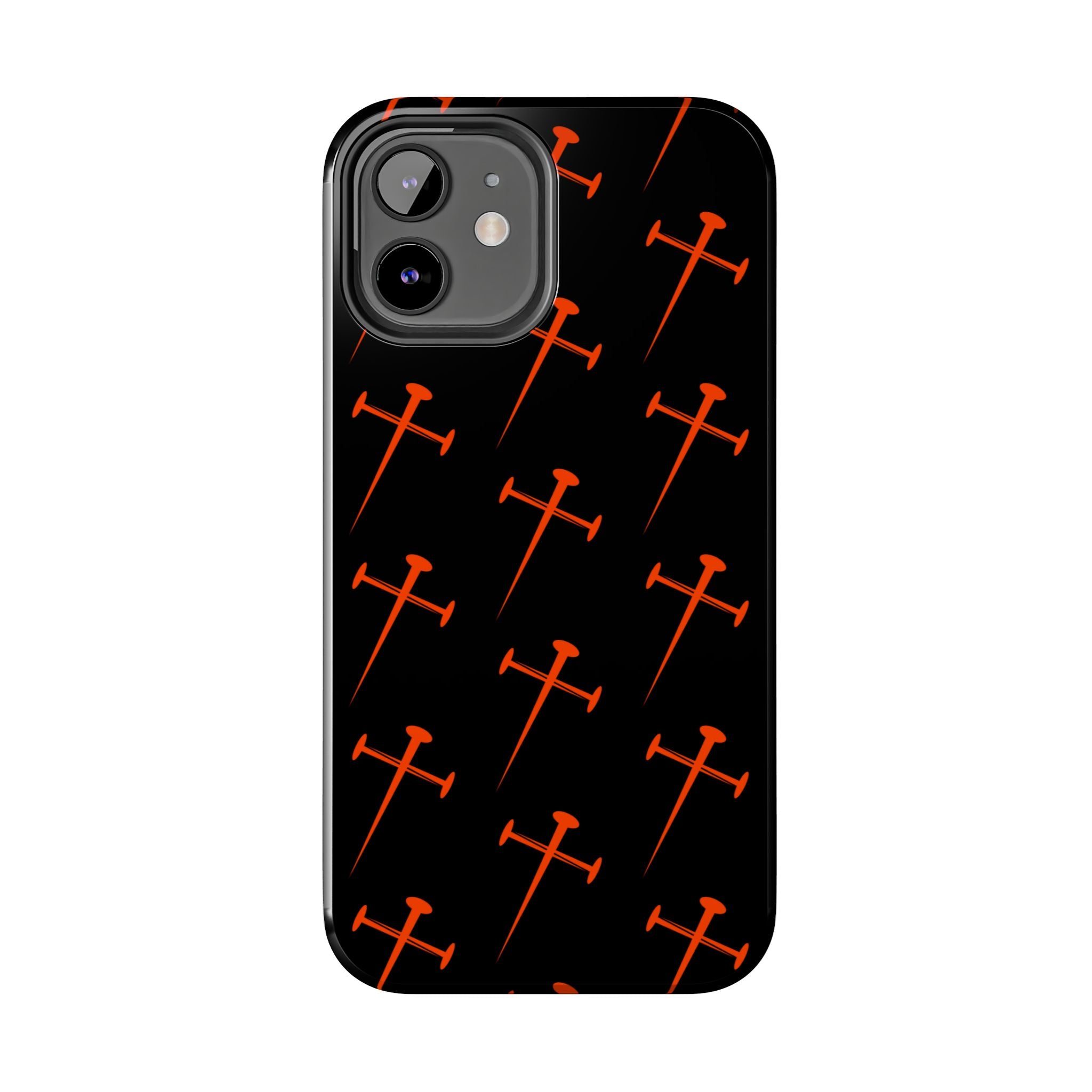 Black Tough Phone Case with Orange Nail Cross Pattern