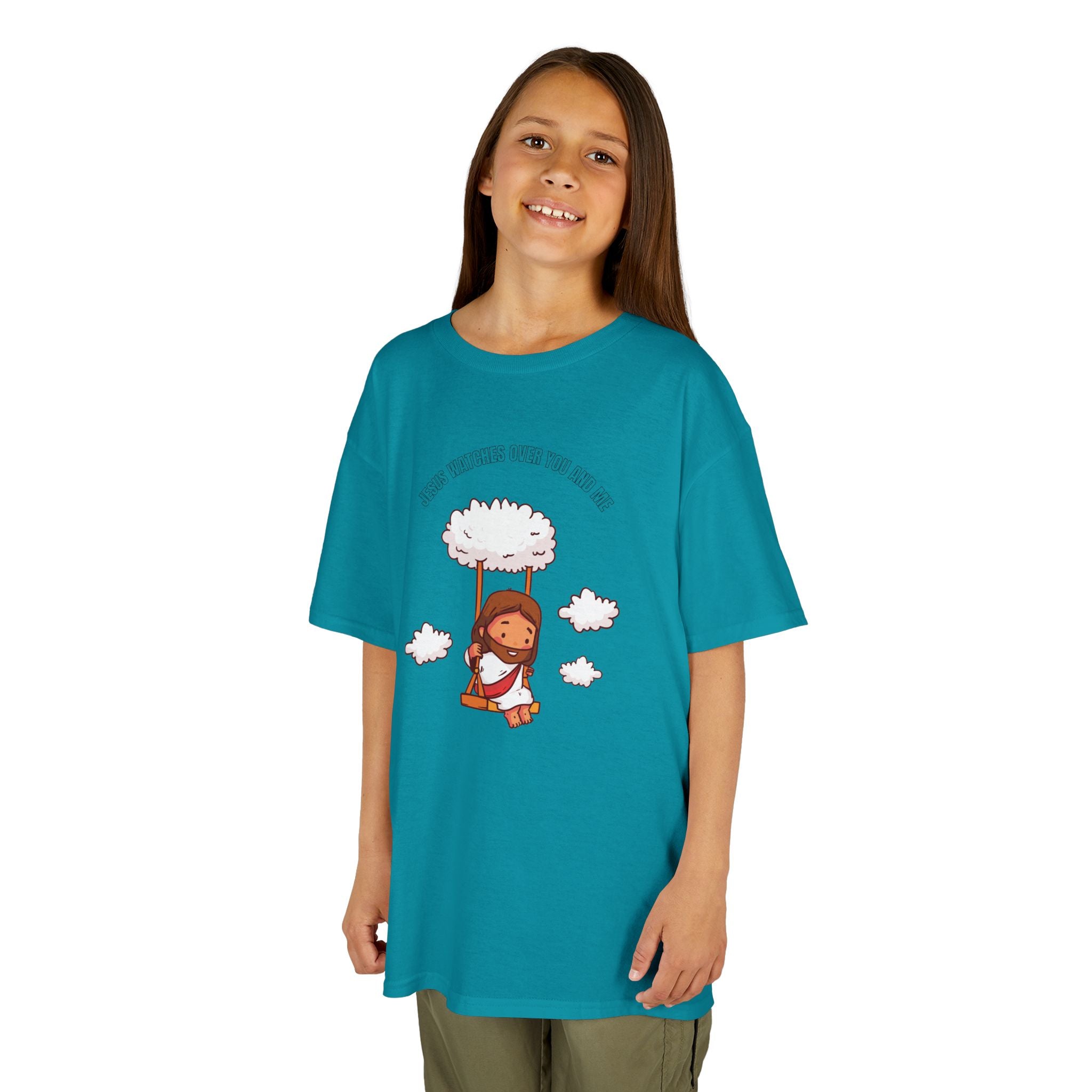 Kids Tee — Cute Jesus on Swing Under Cloud "Jesus Watches Over You and Me"