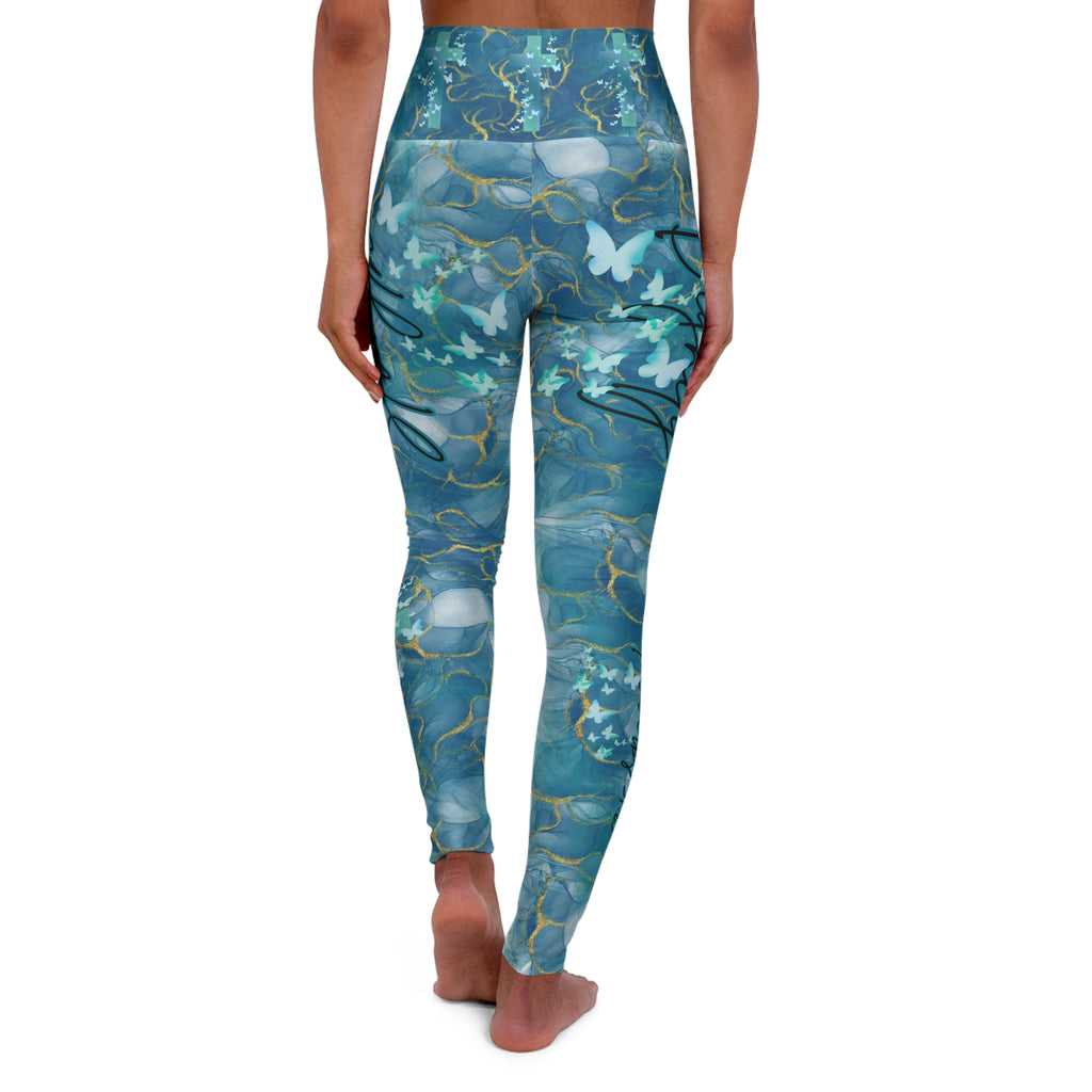 High-Waisted Christian Leggings — Blue Marble Butterfly & Cross, "Strength and Dignity" (Proverbs 31:25)