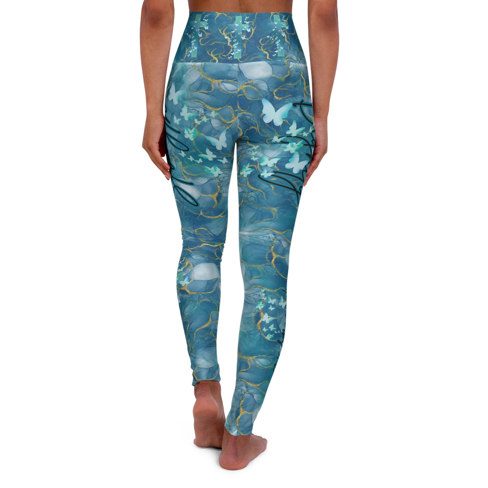 High-Waisted Christian Leggings — Blue Marble Butterfly & Cross, "Strength and Dignity" (Proverbs 31:25)
